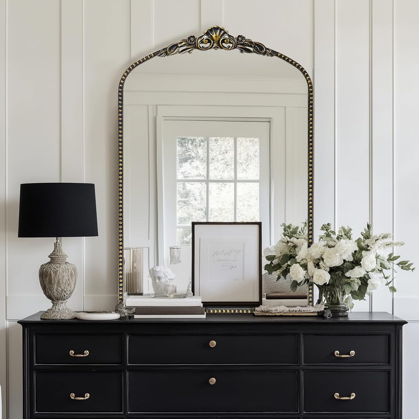 G-LEAF Vintage Baroque Mirror 24"X36", Victorian Antique Farmhouse Mantel Mirror with Black Brush Gold Ornate Metal Frame for Fireplace Entryway Living Room Hallway Bathroom