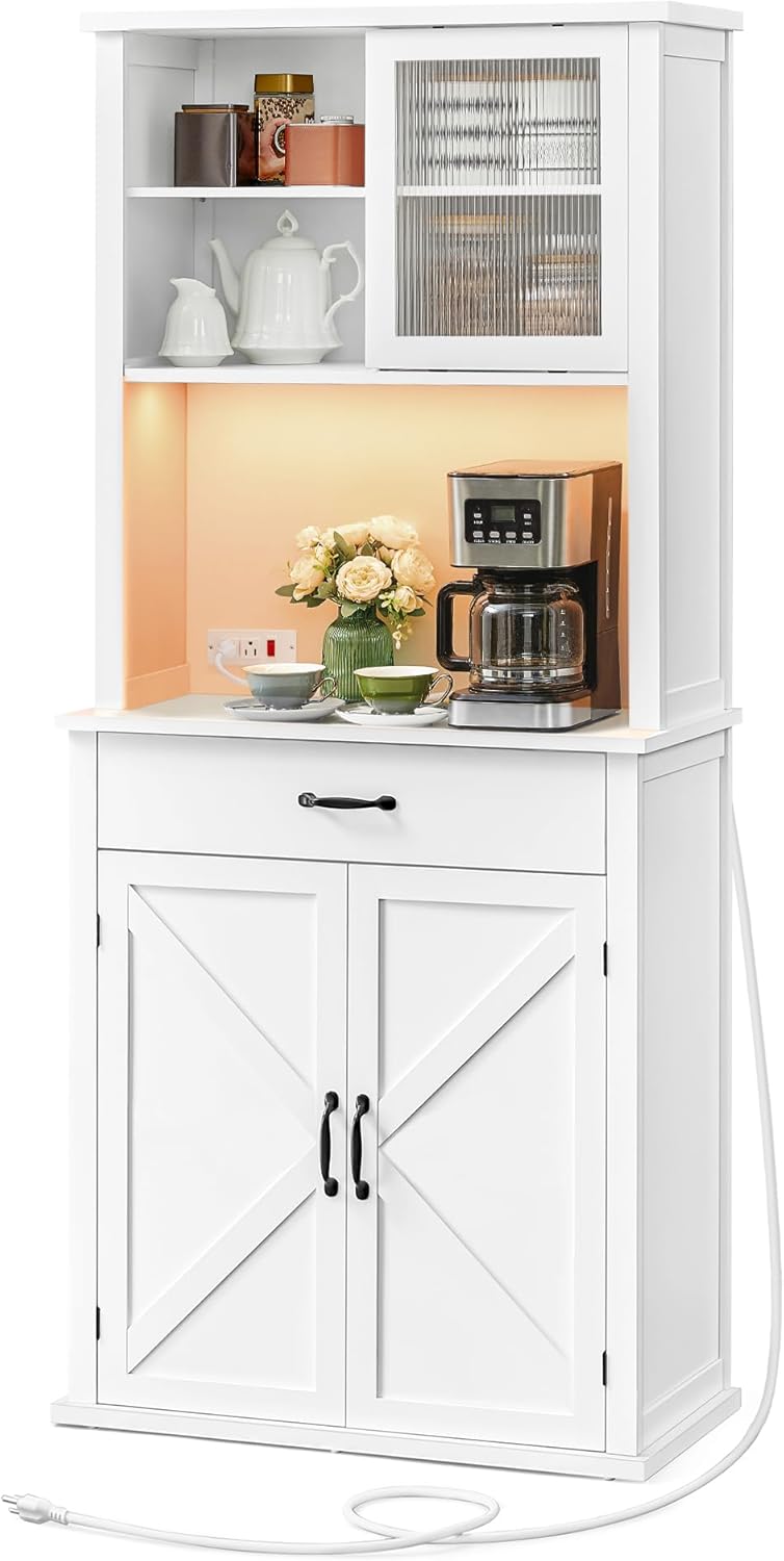 VASAGLE 71" Kitchen Pantry Cabinet with Lights and Charging Station, Coffee Bar Cabinet with Doors and Drawer, Farmhouse Style, Adjustable Shelves, Cloud White UBBK363W11