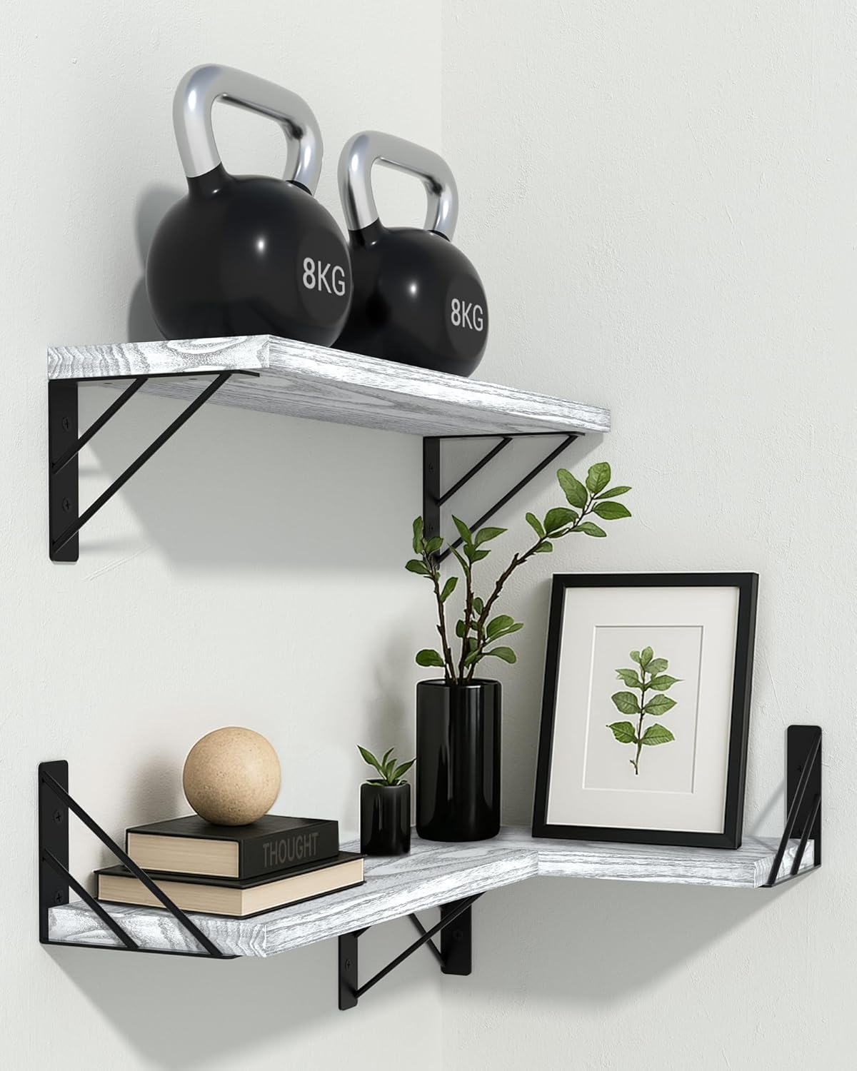 BAYKA Wall Shelves for Bedroom Decor, Floating Wall Shelves for Living Room Kitchen Storage, Wall Mounted Rustic Wood Floating Shelves for Kids Books,Corner Shelves for Bathroom(White，Set of 3)