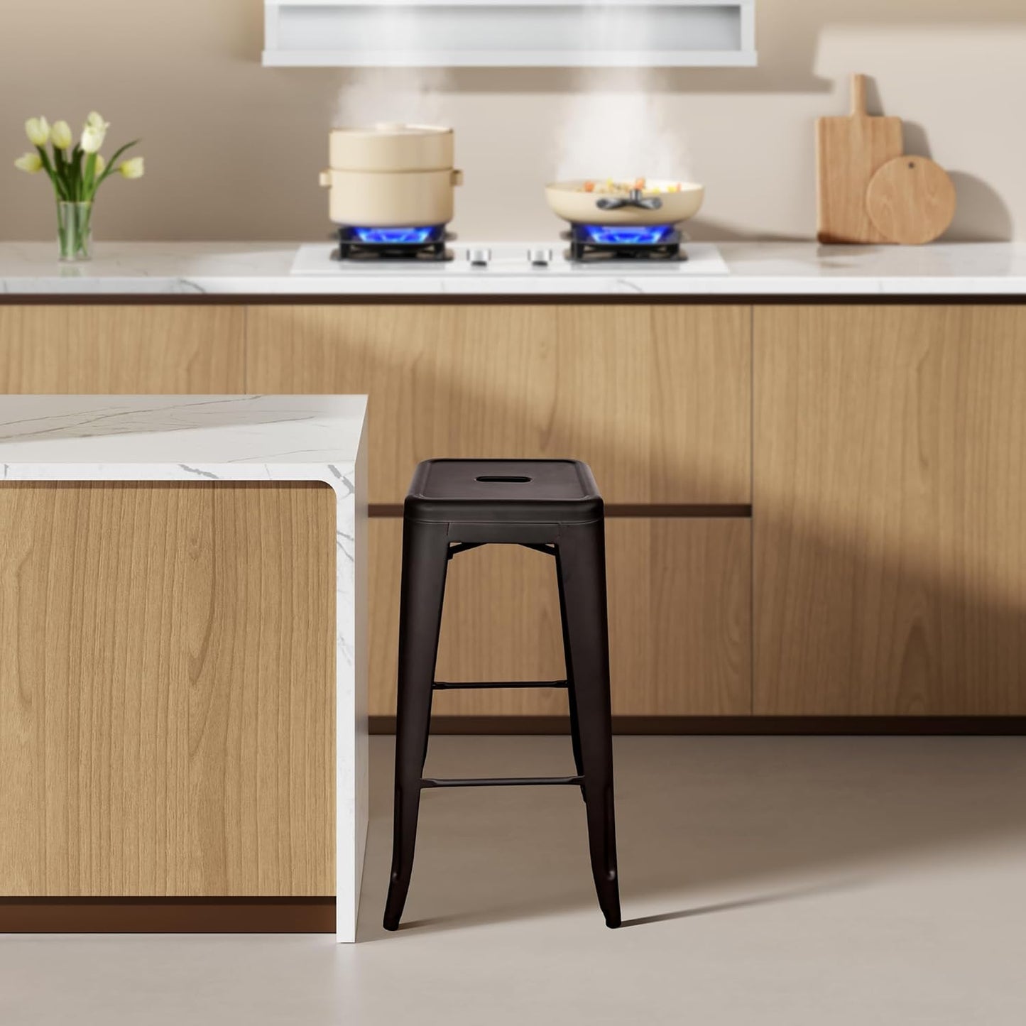 30 Inches Metal Bar Stools, High Backless Stools, Indoor Outdoor Stackable Kitchen Stools, Set of 4, Brown