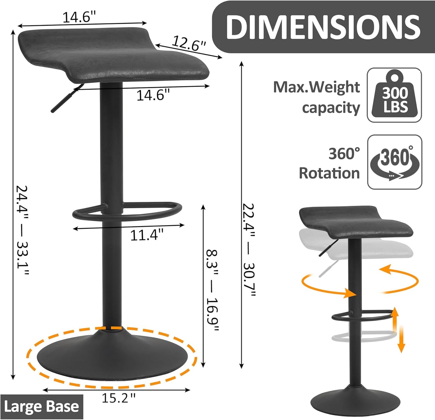 Finnhomy Bar Stools Set of 2 Counter Height, Swivel Barstools with Footrest and Backless, Height Adjustable Rustic Bar stools for Kitchen, Vintage Leather, Retro Black