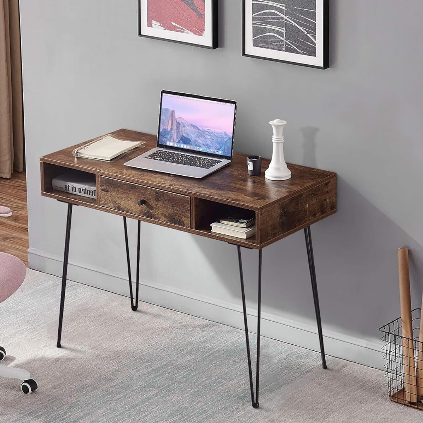 VECELO 39.3" Home Office Work Table with Drawers,Computer Desk with Hairpin Legs for Writing/Study,Rustic Brown