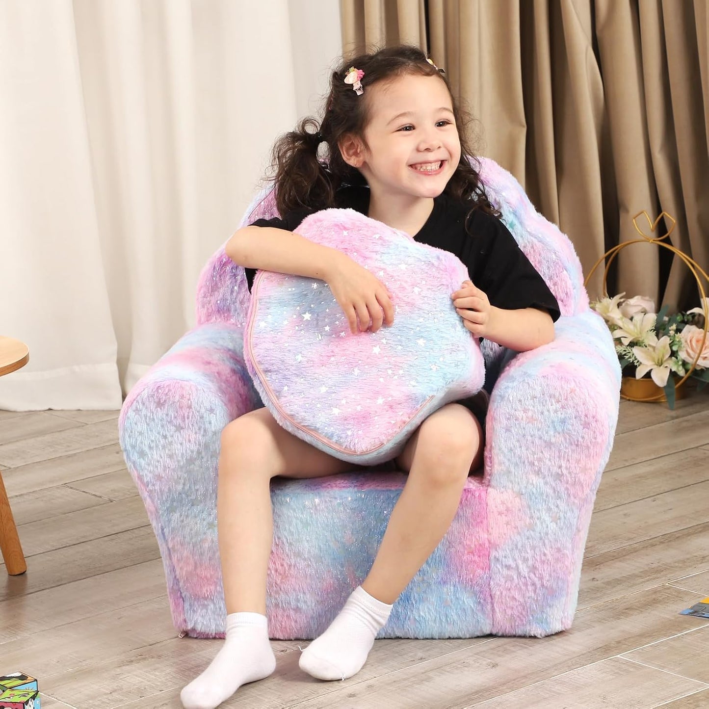 Kids Sofa with Ottoman, Shell-Like Sofa for Boys and Girls, Pink Tie Dye