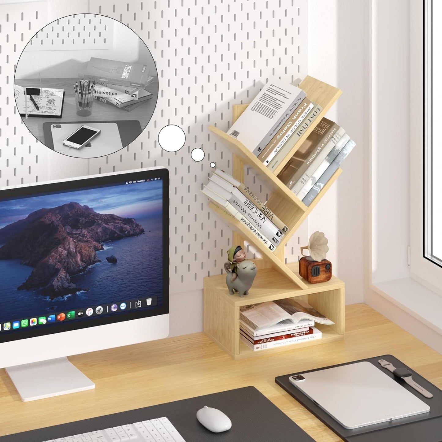 Small Tree Book Shelf,5 Tier Black Tree Bookshelf,Wood Desktop Bookcase,Modern Desk Display Storage Bookshelves,Floor Standing Organizer Bookcases for Living Room,Bedroom,Office