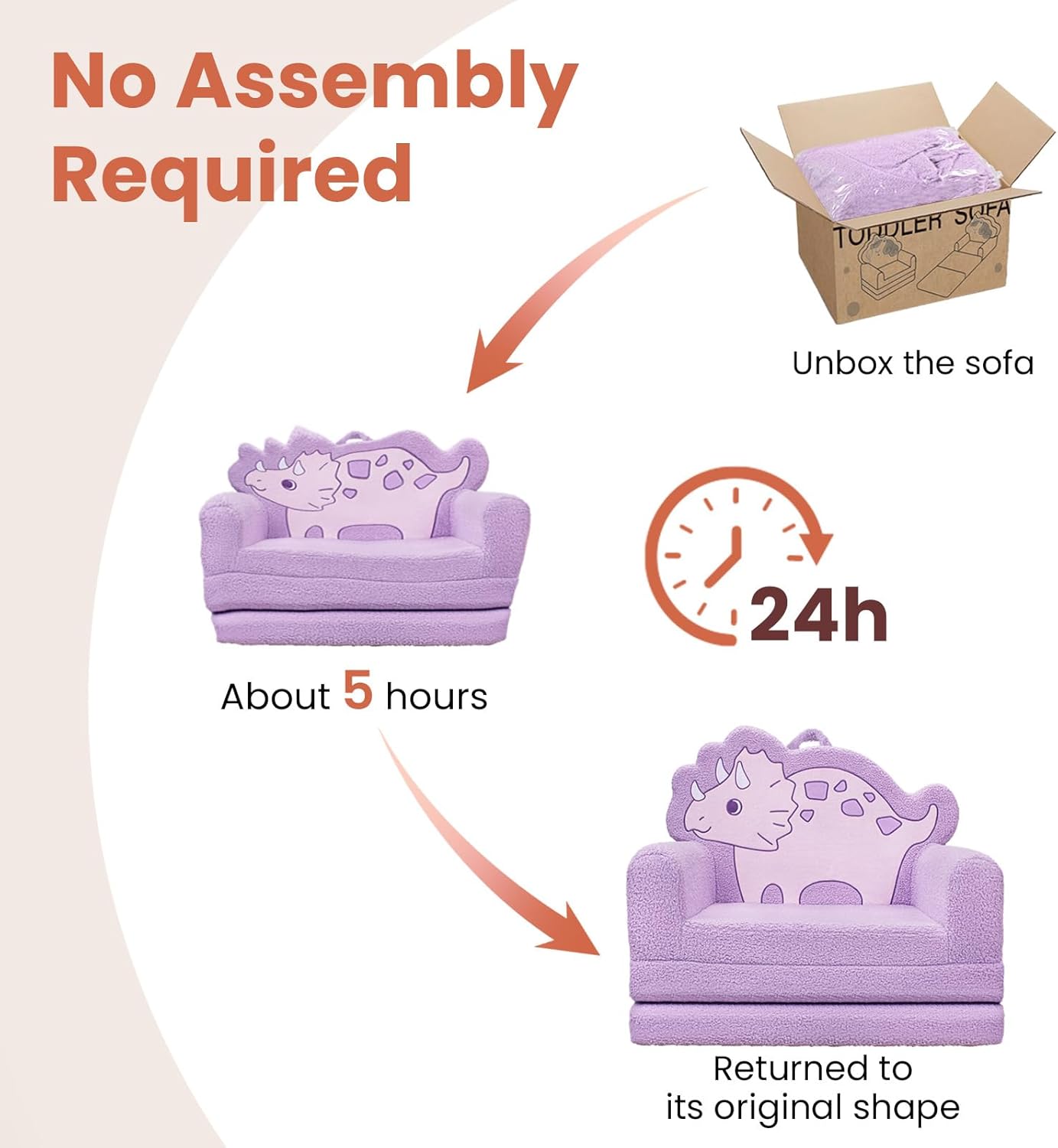 TinyPalsa Kids Couch, Convertible Sofa to Lounger Fold Out, Purple Dinosaur Design Chair for Toddlers 1-3, Gift for Movie Night, Camping, and Napping