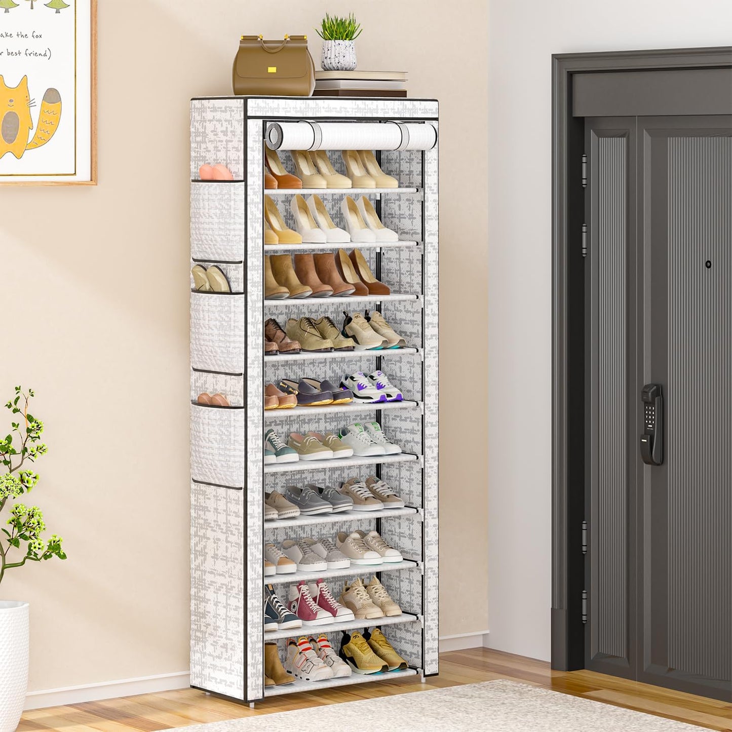 Shoes Rack 10 Tier Tall Shoe Rack with Storage Pockets, Fabric Covered Shoe Racks,Metal Shoes Rack Organizer for Closets,Bedroom, Garage