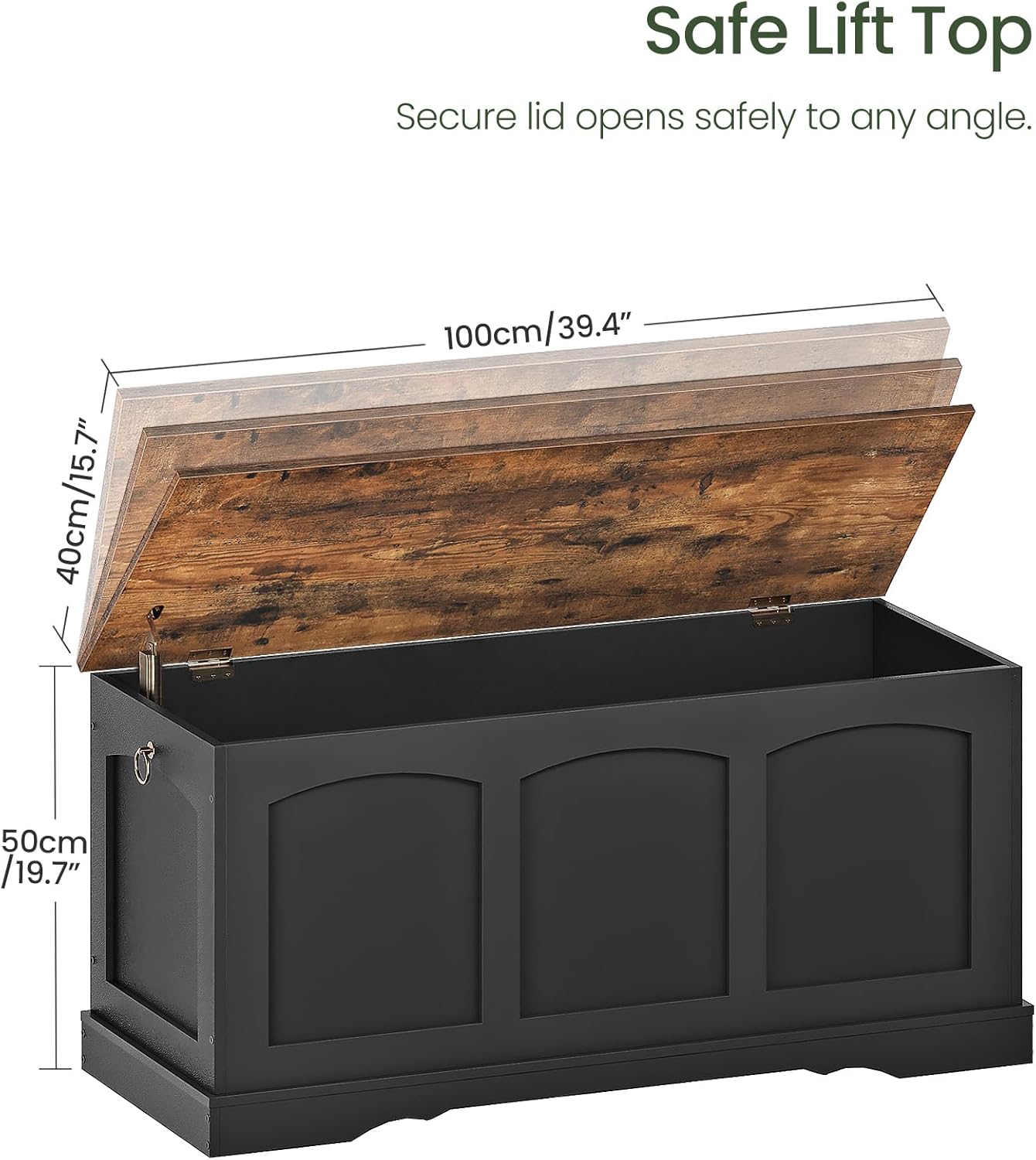 39.4" Storage Chest Bench with Lift Lid, Toy Chest with Safety Hinge, Entryway Shoe Bench, Wooden Storage Trunk, Holds up to 220 lb, for Living Room, Bedroom, Black and Rustic Brown MCW12BF