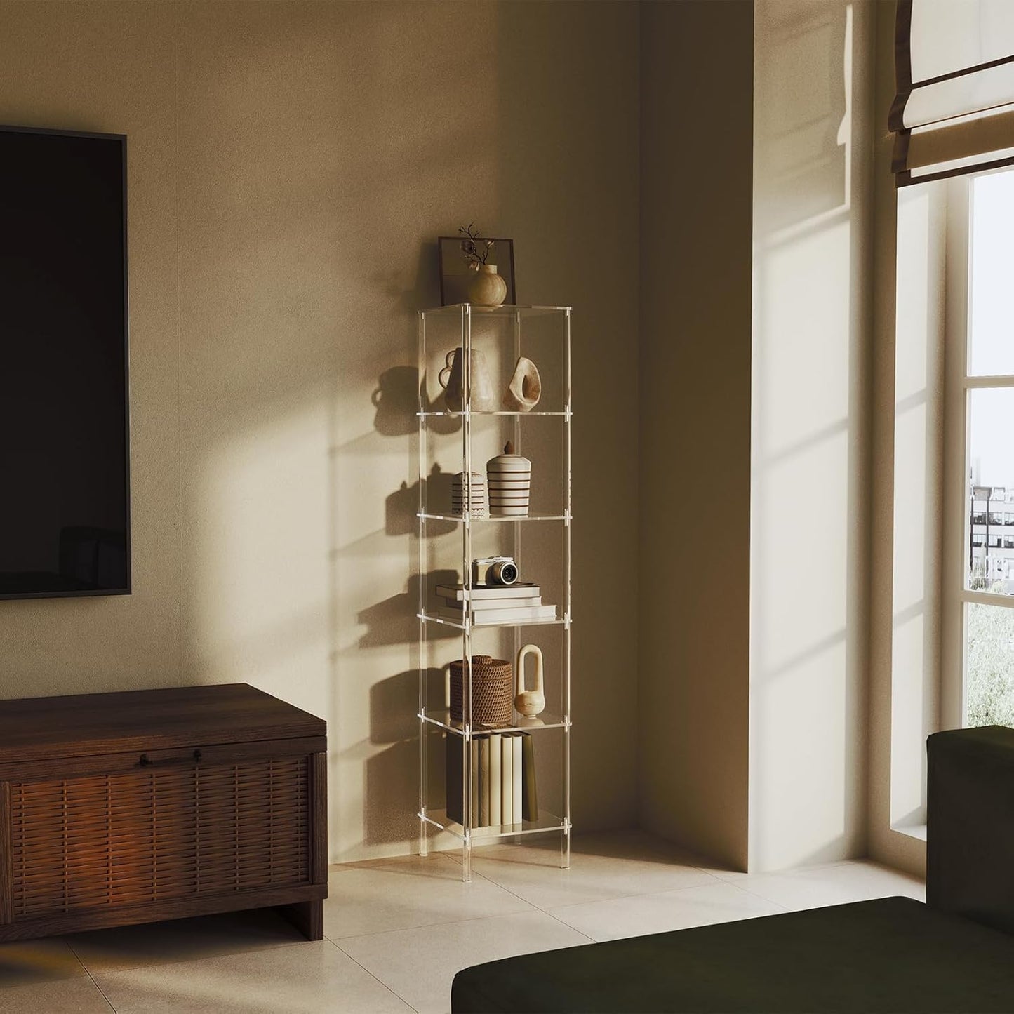 6 Tier Square Acrylic Bookshelf, Small Bookcase with Acrylic Fittings for Fixing to Wall, Corner Display Shelf for Living Room, Bedroom, Bathroom, Small Spaces, Clear, 11.6'' W x 53.9'' H