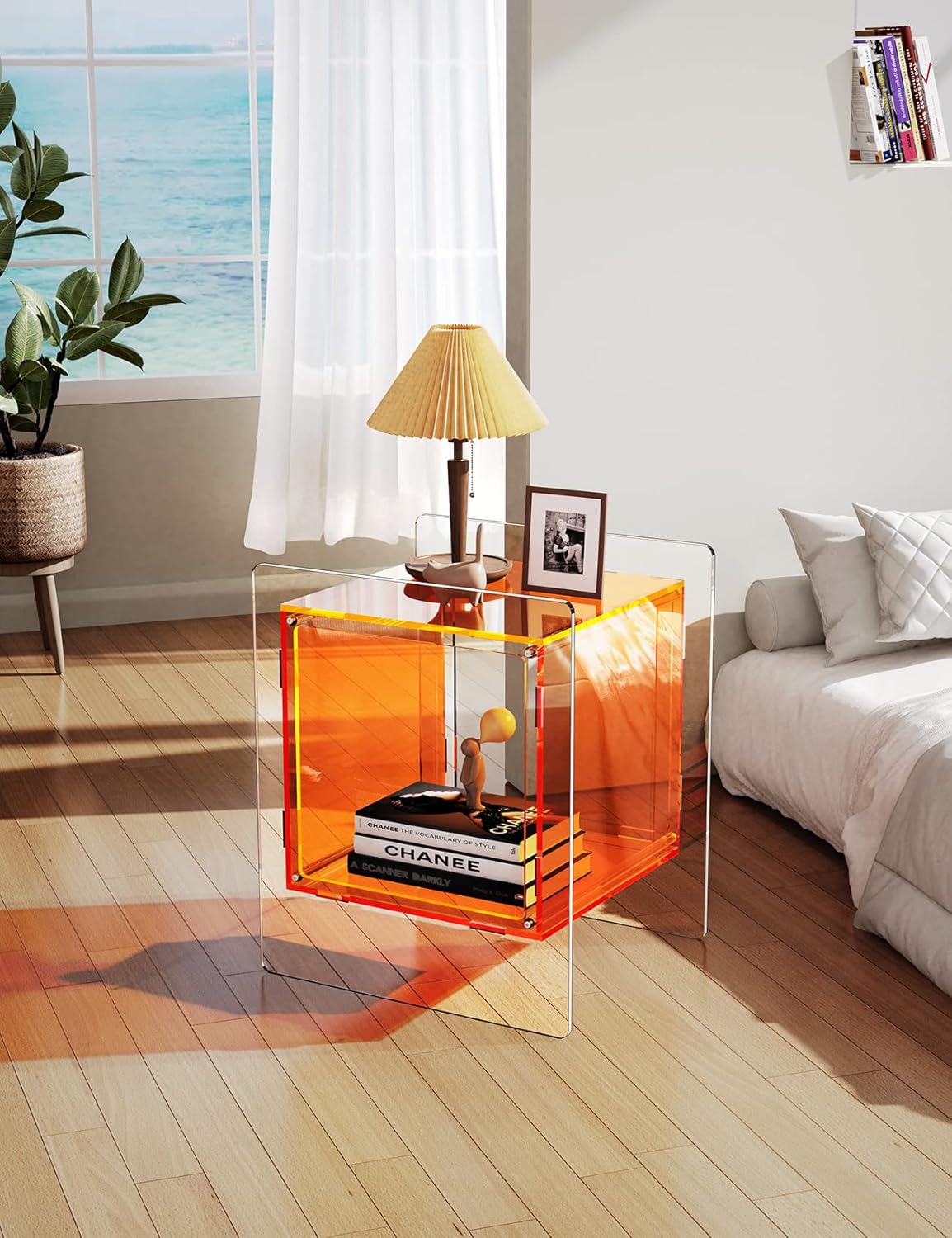 Acrylic Nightstand Colorful Bedside Table with Open Storage Shelf,Clear Side Table for Living Room (1, Orange)