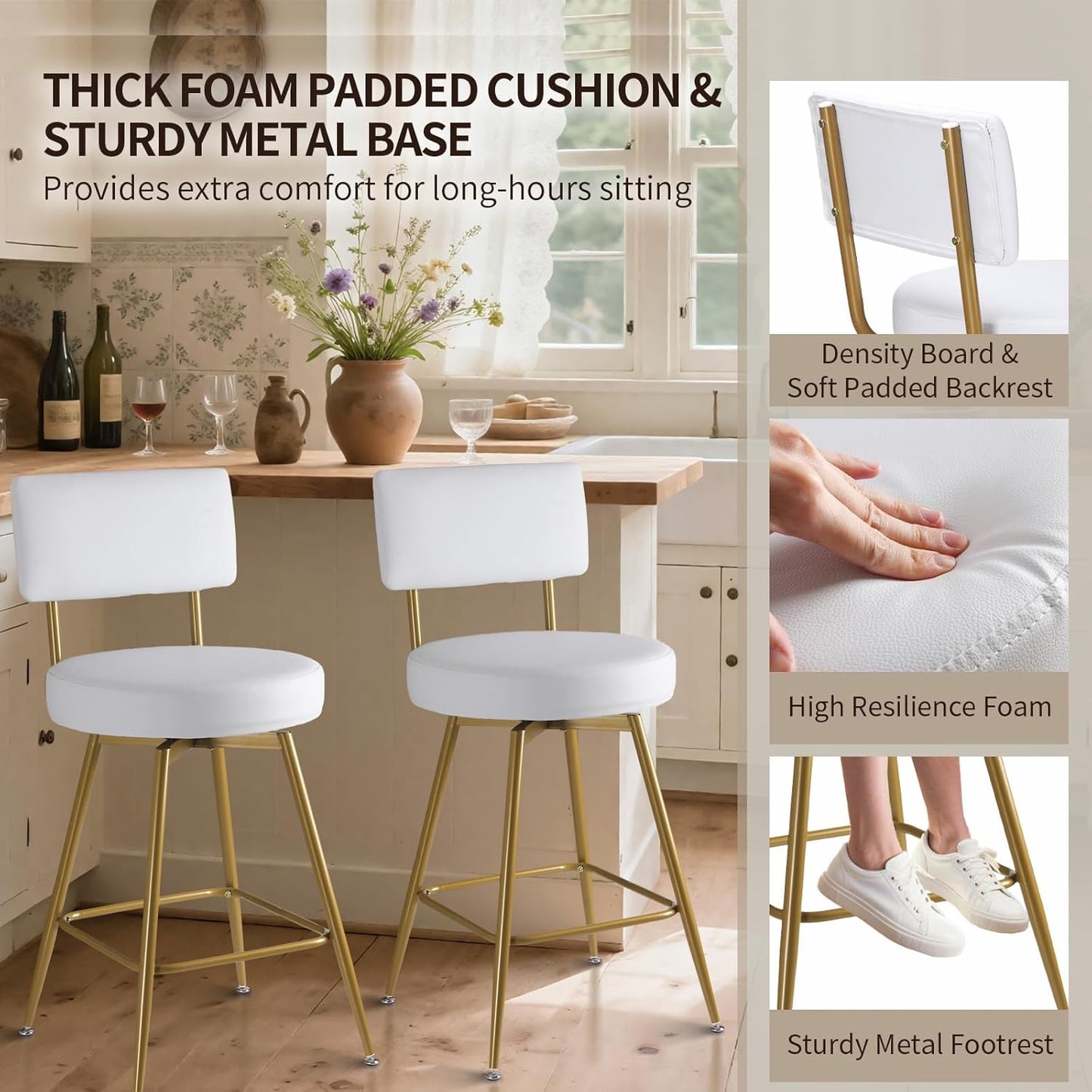 Gold White Bar Stools Set of 2, Modern Counter Height Bar Stools, 25" Upholstered Swivel Round Barstools with Back Bar Chair Island Stool for Kitchen Counter, White Gold