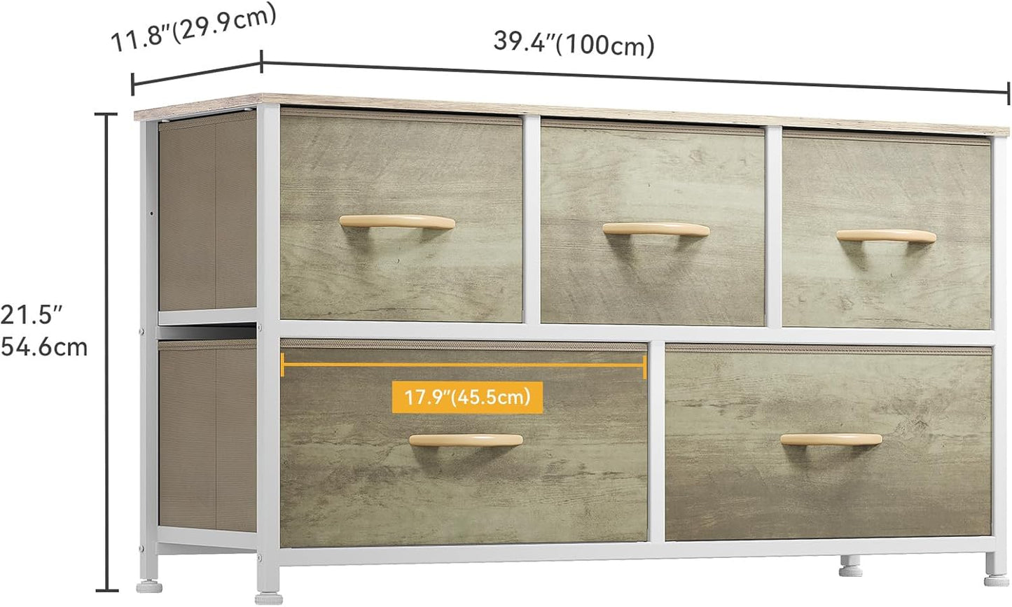 DWVO Wide Chest of Drawers, Dresser with 5 Drawers, Oak Grain Fabric Storage Tower, Dresser for Bedroom with 5 Drawers, Living Room, Closets - Sturdy Steel Frame, Wooden Top