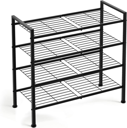 Simple 4 Tier Shoe Rack,Metal Stackable Shoe Storage Organizer for Closet,Entryway, Bedroom, Black (Black, 4-Tier)