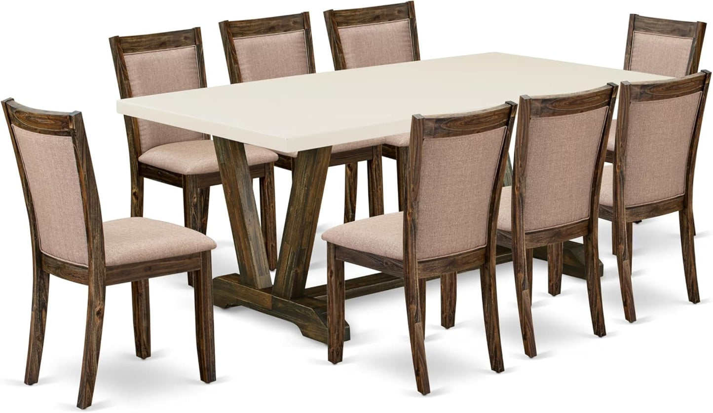 East West Furniture V727MZ716-9 9 Piece Kitchen Table & Chairs Set Includes a Rectangle Dining Room Table with V-Legs and 8 Dark Khaki Linen Fabric Parson Chairs, 40x72 Inch, Multi-Color