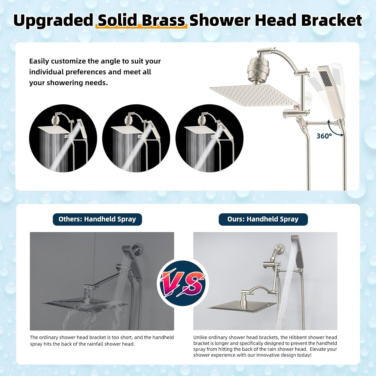 Hibbent Metal 10'' Filtered Rainfall Shower Head with Handheld Combo, High Pressure Shower Wand, 16'' Adjustable Arc Extension Arm, 20 Stage Shower Filter, 71'' Hose, Shower Holder, Brushed Nickel