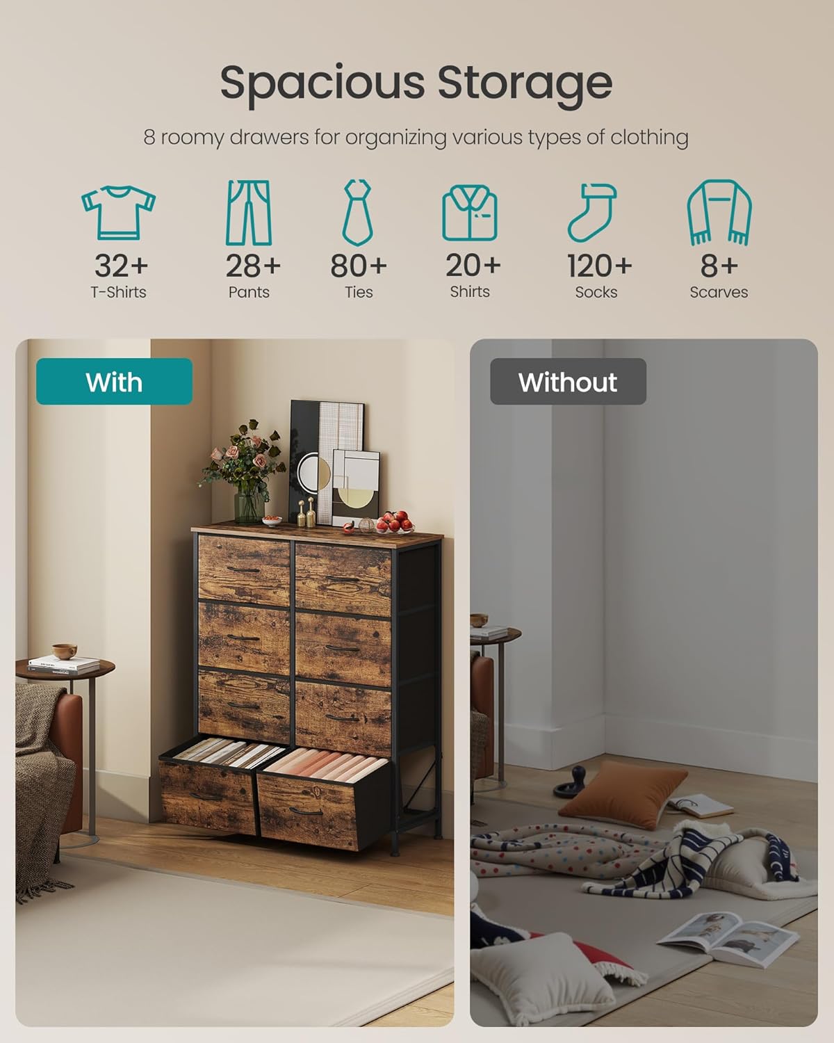 SONGMICS Dresser for Bedroom, Chest of Drawers, Steel, MDF, 8 Non-Woven Fabric Drawers, Storage Organizer Unit, Closet, Entryway, Rustic Brown and Ink Black LGS124B02S