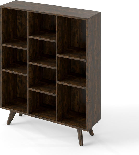 Manora Rustic Brown 10 Cube Mid Century Modern Bookshelf, Wooden Storage Organizer with Open Shelves, Retro Bookcase for Living Room, Bedroom, Home Office