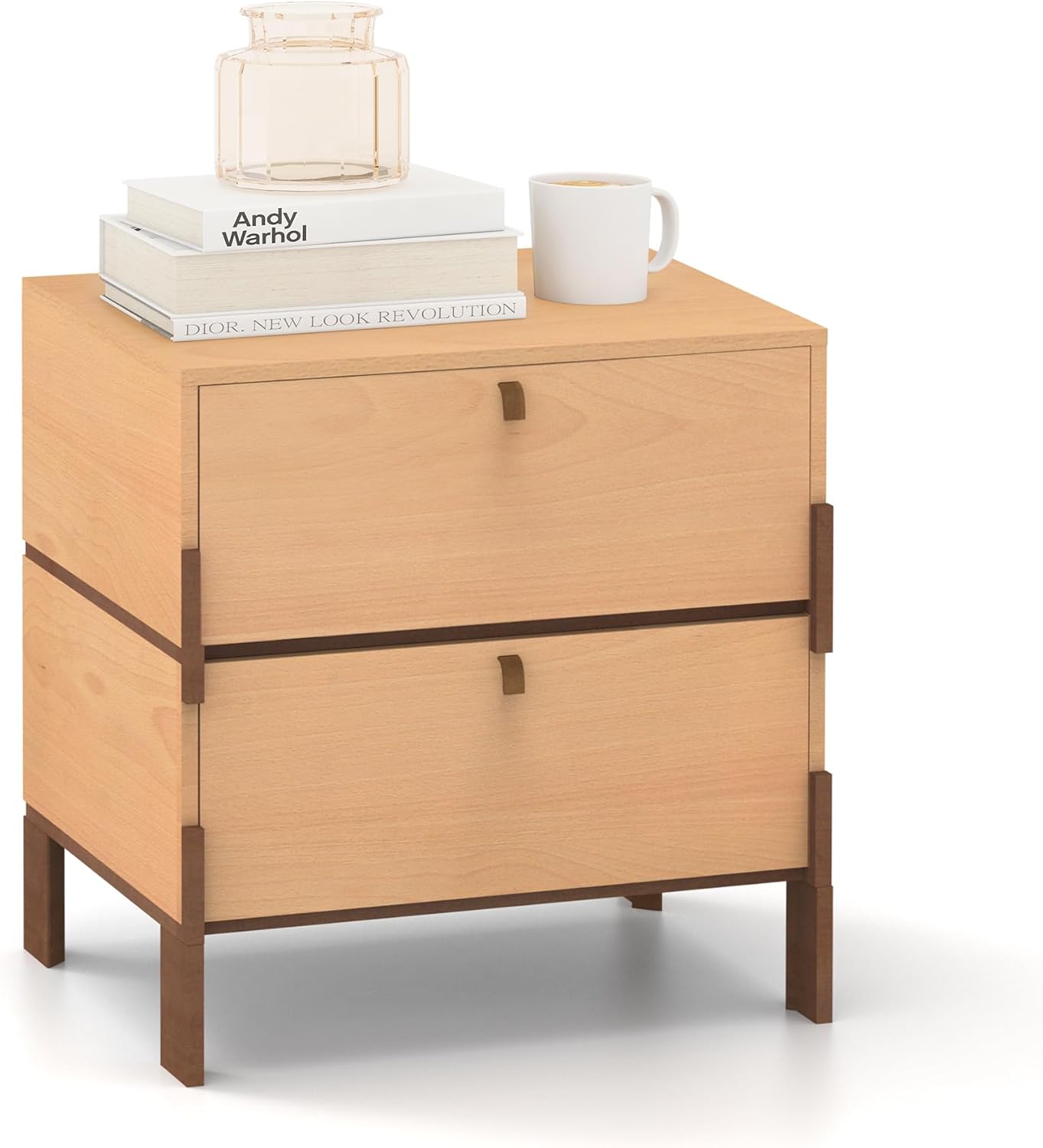 Sebastack Night Stand, Customizable 2 Drawers Bedside Table, End Table, Side Table for Bedroom, Dormitory, Mid-Century Style Wood Chest of Furnitures, Beech Color