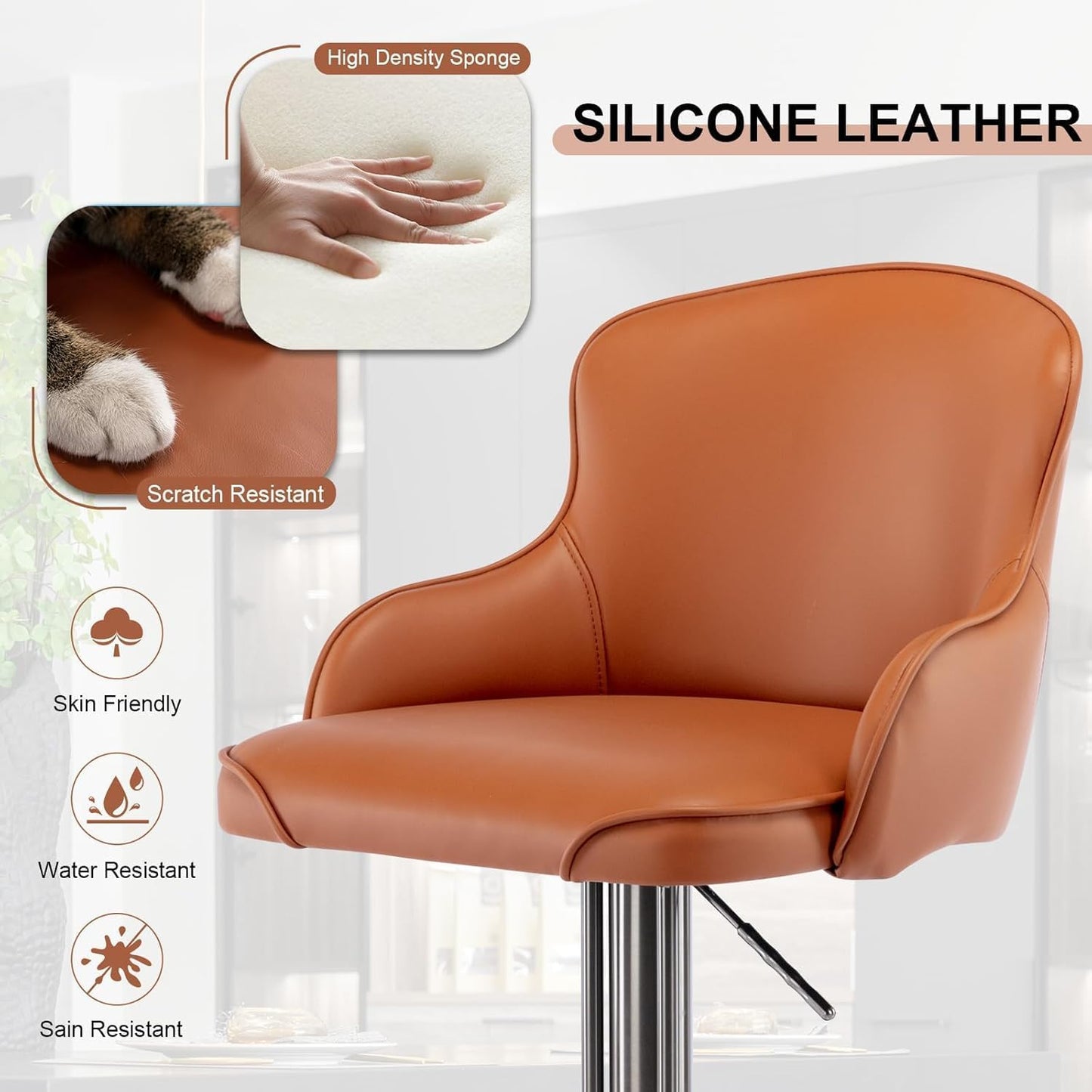 Black Titanium Stainless Steel Bar Stools,Grade Modern Leather Bar Chair with Backrest,Swivel Adjustable Height for Kitchen Counter and Dining Room (Brown Leather-2pcs)