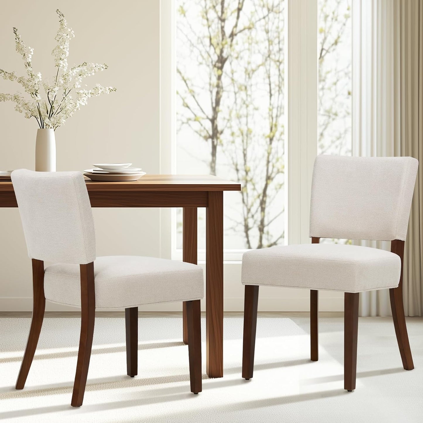 COLAMY Mid Century Modern Dining Chairs Set of 2, Upholstered Kitchen Chairs with Back, Farmhouse Fabric Side Dining Room Chairs with Wood Legs for Dining Room Kitchen Restaurant, Beige