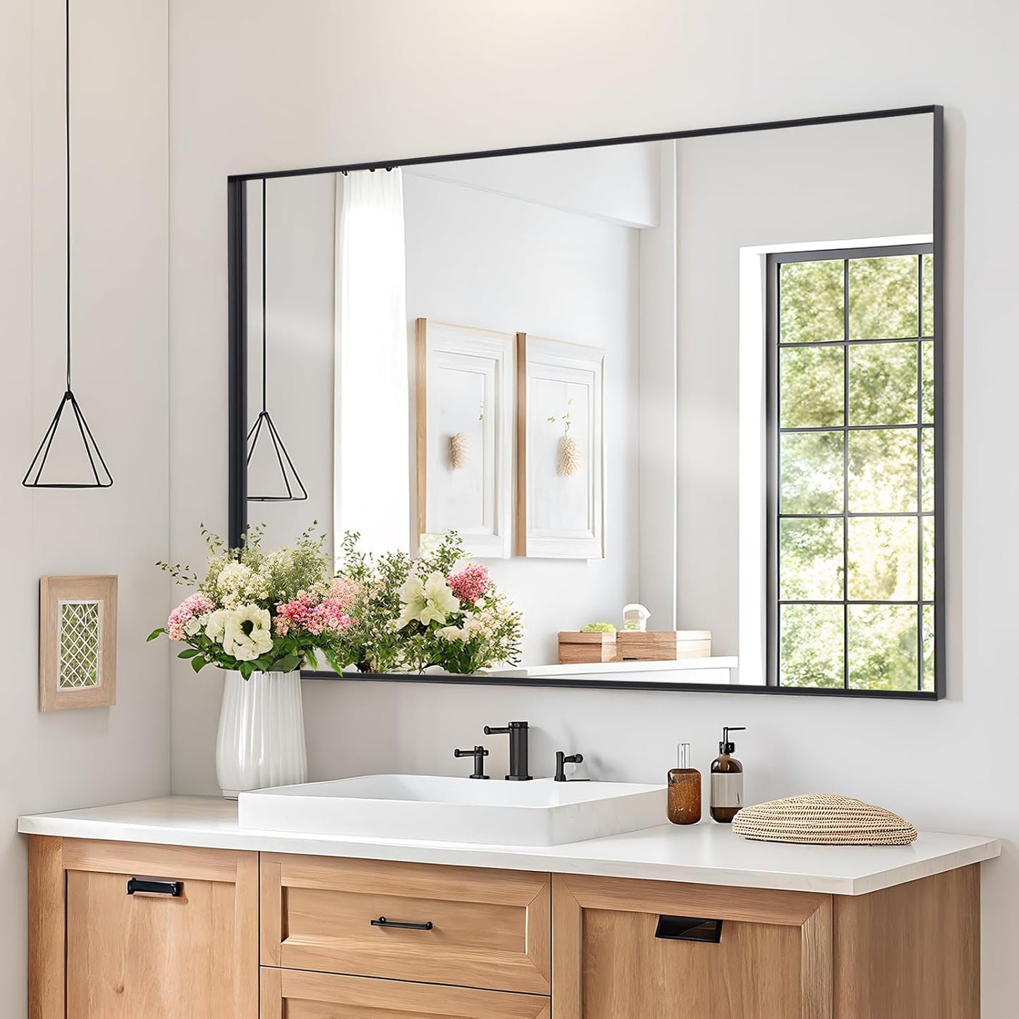 Melodieux Wall Vanity Bathroom Mirror for Over Sink, 30"x40" Rounded Rectangle Metal Deep Frame Wall Mounted Mirror Wall Decor for Living Room Hallway, Black