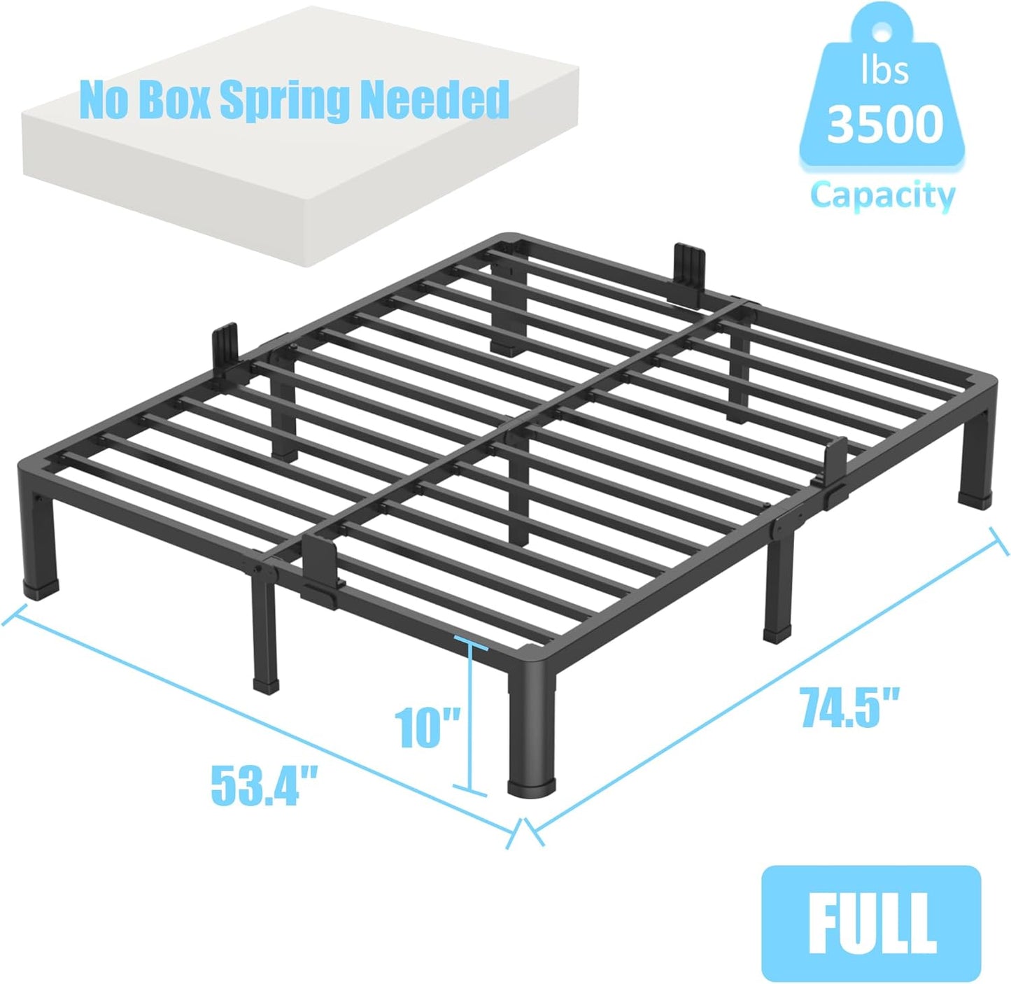 FUIOBYVV 10 Inch Full Bed Frame with Round Corner Edge Legs 3500 lbs Metal Heavy Duty Steel Slats Support No Box Spring Needed Platform Noise Free Easy Assembly