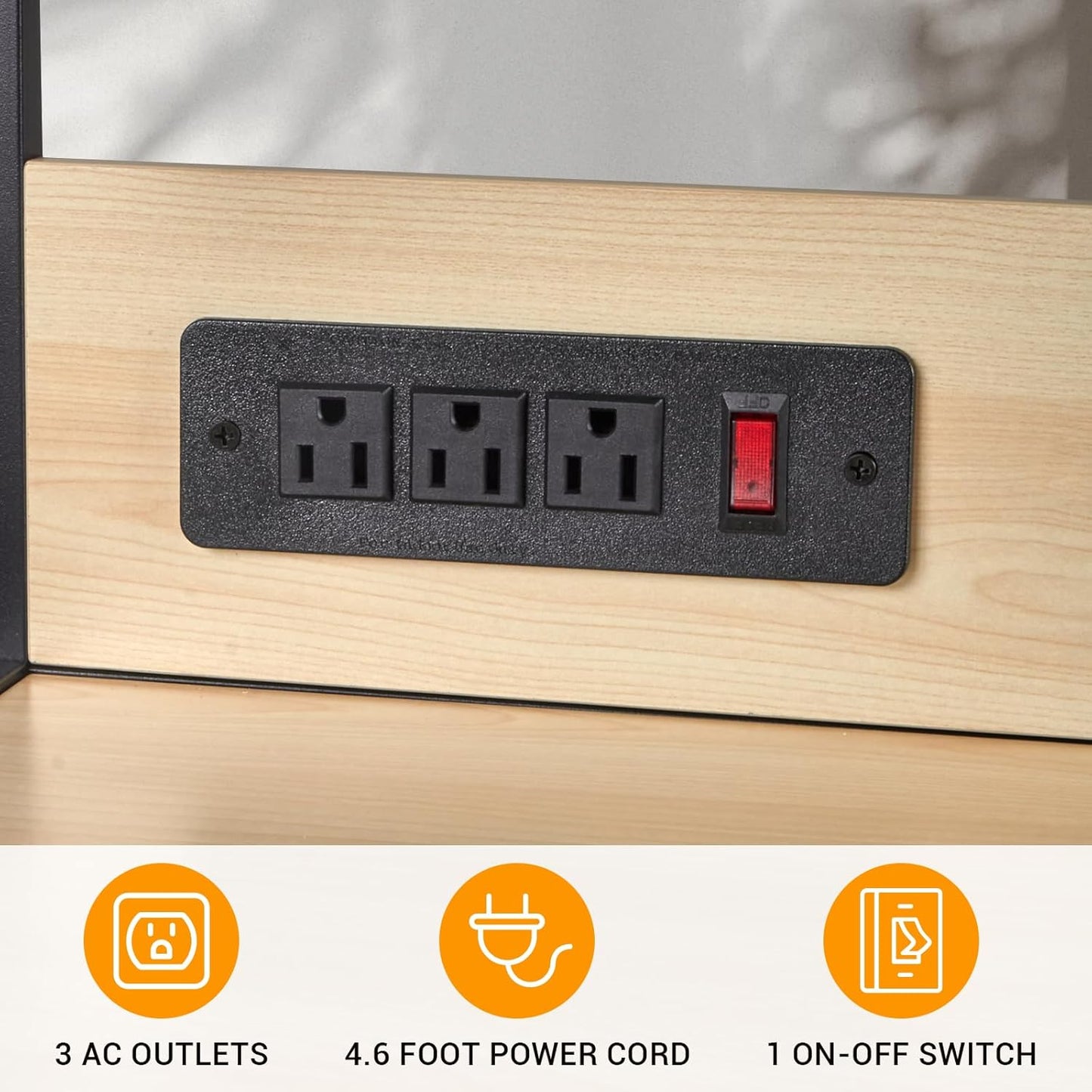 Bakers Rack with Power Outlet, Microwave Stand with Storage, Coffee Bar Organizer Cabinet with Wire Basket, Kitchen Shelf for Spices, 10 Hooks, Industrial, White Maple