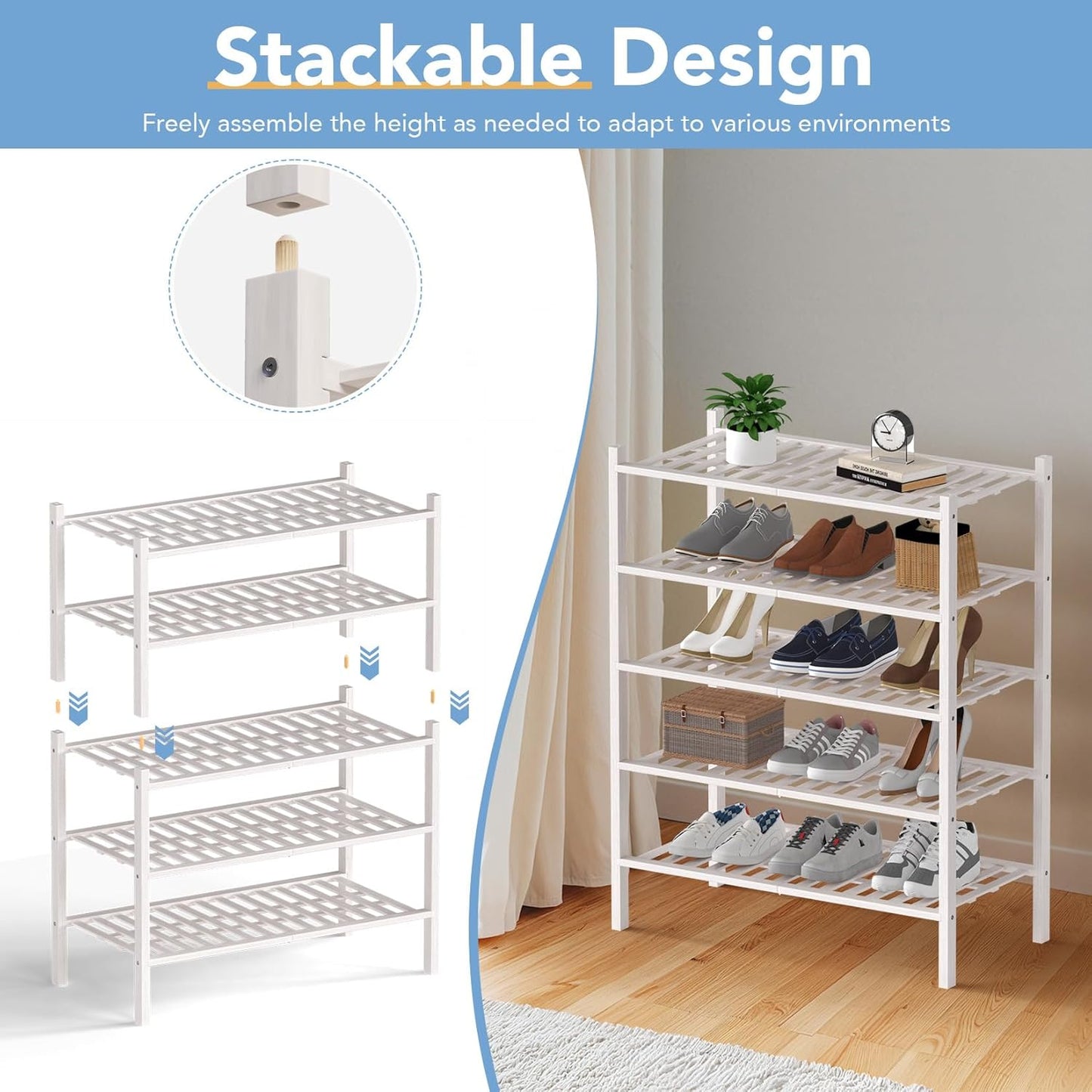 Haddockway Large 2 Tier Bamboo Shoe Rack Storage Organizer, Multifunctional Free Standing Stackable Shoe Shelf with Grid Panel for Closet,Hallway,Entryway,Small Space 27"x12"x14"(White, 2-Tier(Large))