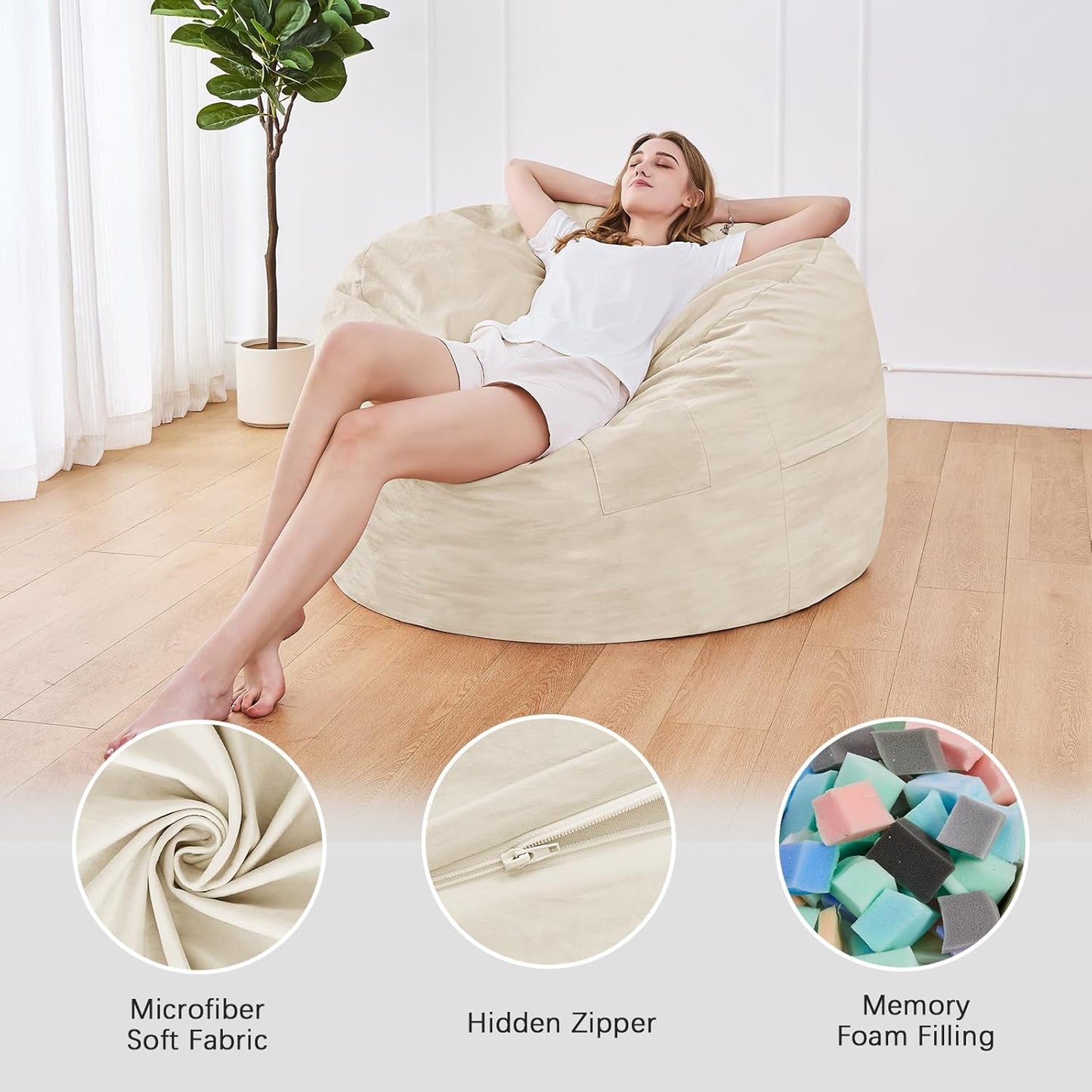 Bean Bag Chairs for Adults - Giant Bean Bag Chair Convertible Bean Bag Bed - Beanbag Chair with Micro Fiber Cover/Furniture Foam Filler - Floor Couch Sofa in Bedroom Dorm Room - Queen Beige