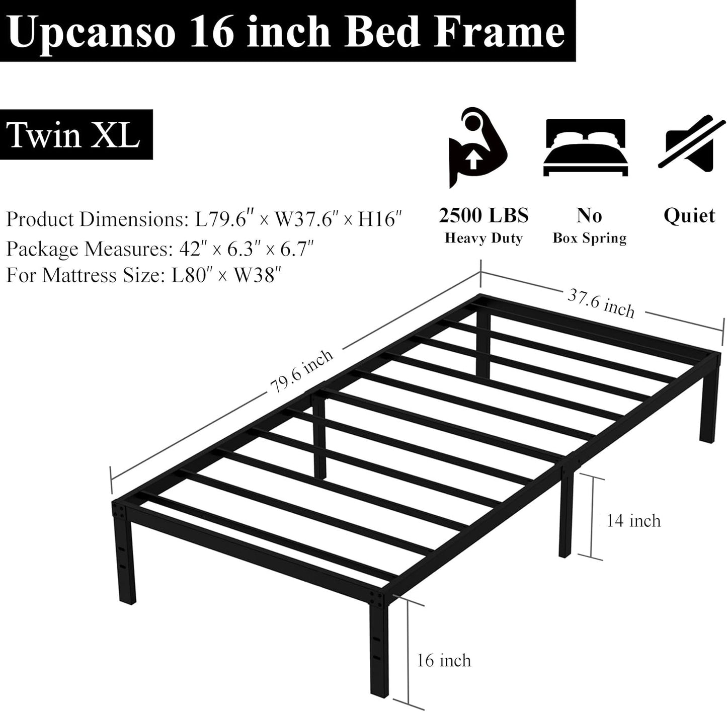 16 Inch Twin XL Bed Frames, Metal Platform Twin XL Bed Frame with Storage, 2,500 lbs Heavy Duty Steel Slats Support, Easy Assembly Mattress Foundation, Black