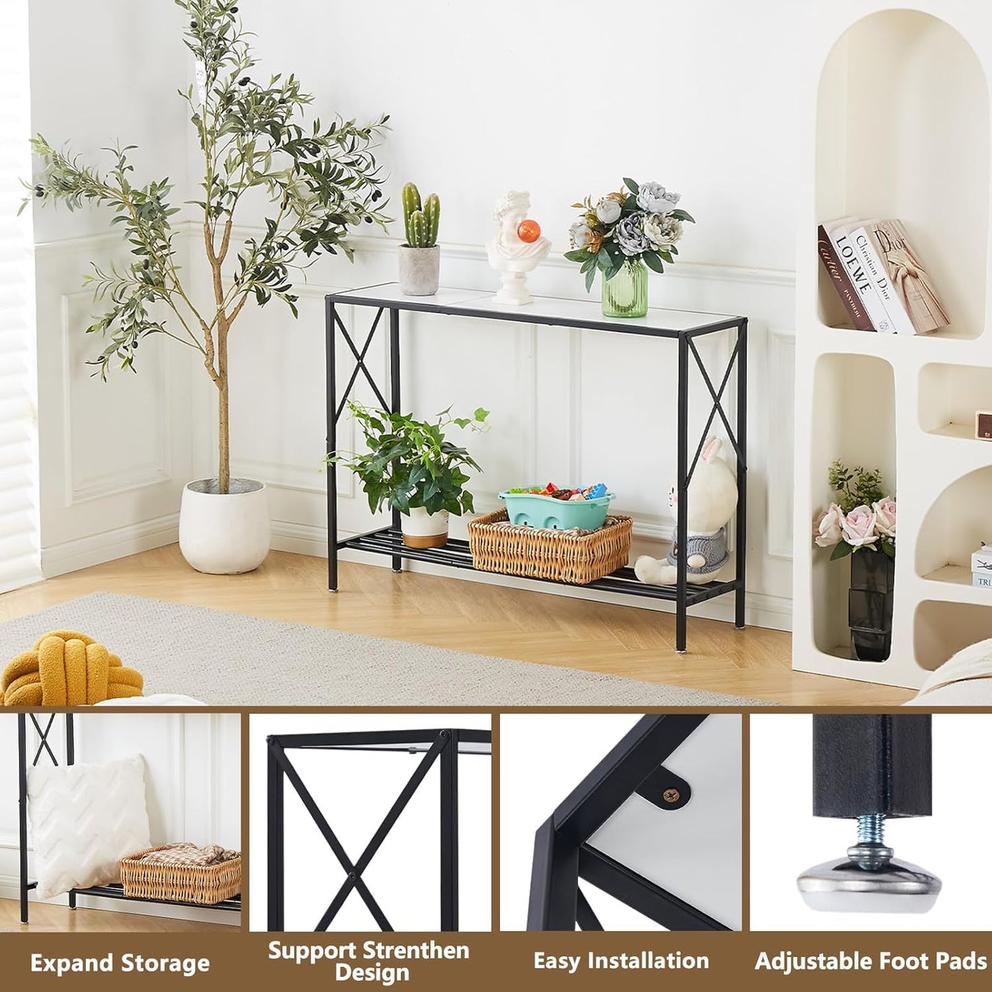 Wimarsbon Console Table,Multifunctional Sofa Side Table with Shelves,Behind Couch TV Tables with Metal Frame,Accent Display Stand for Hallway,Entrance (41.9" 2-Layer White Faux Marble + Black Frame)