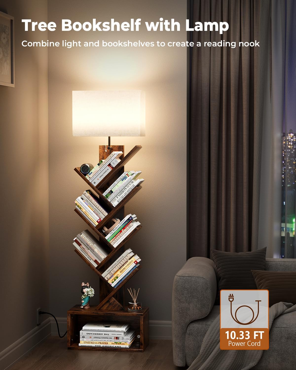6 Tier Tree Bookshelf with Smart Light, Small Bookcase Tower with Remote Control, Tall Floor Standing Book Organizer for Living Room, Bedroom & Home Office, Rustic Brown