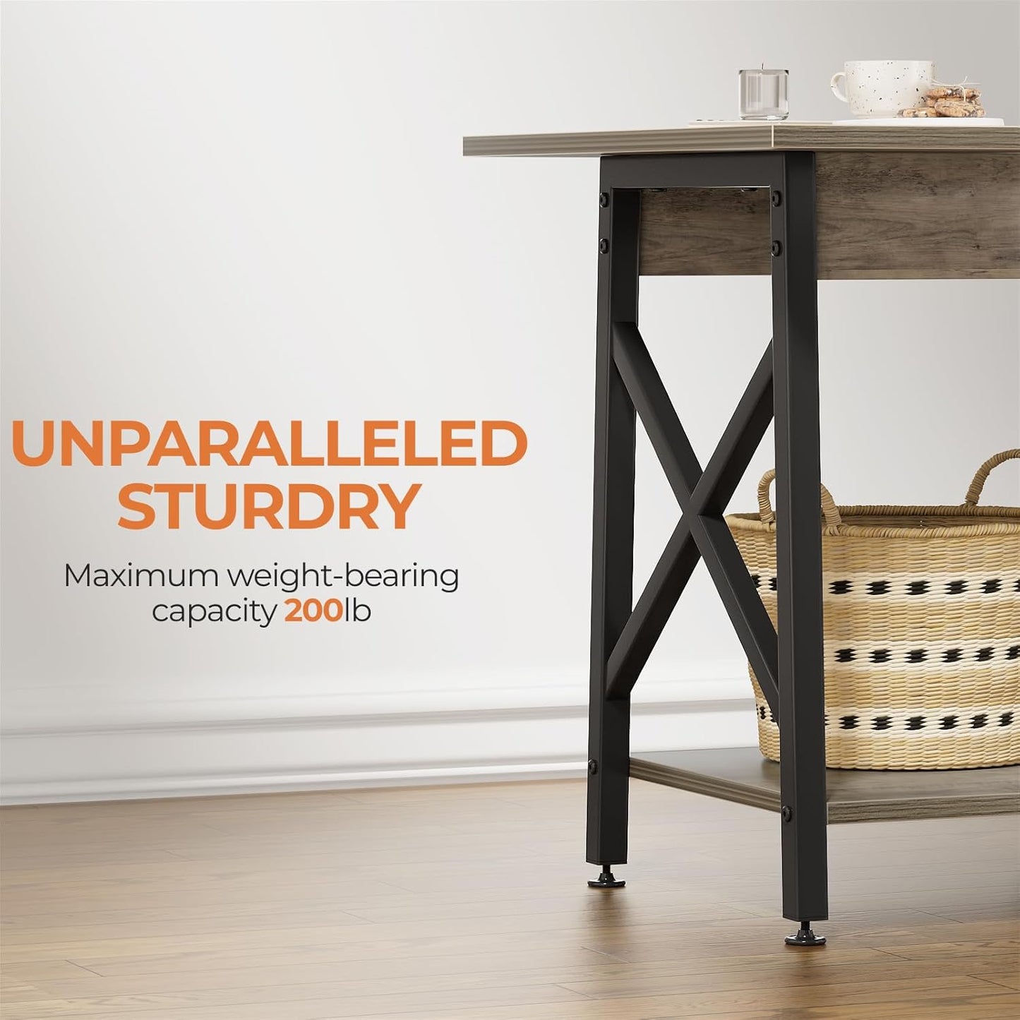 GreenForest End Table 24 inch for Living Room, Large Square Side Tables with X-Frame, Tall Industrial Bedside Nightstand with 2-Tier Storage, Gray Wash