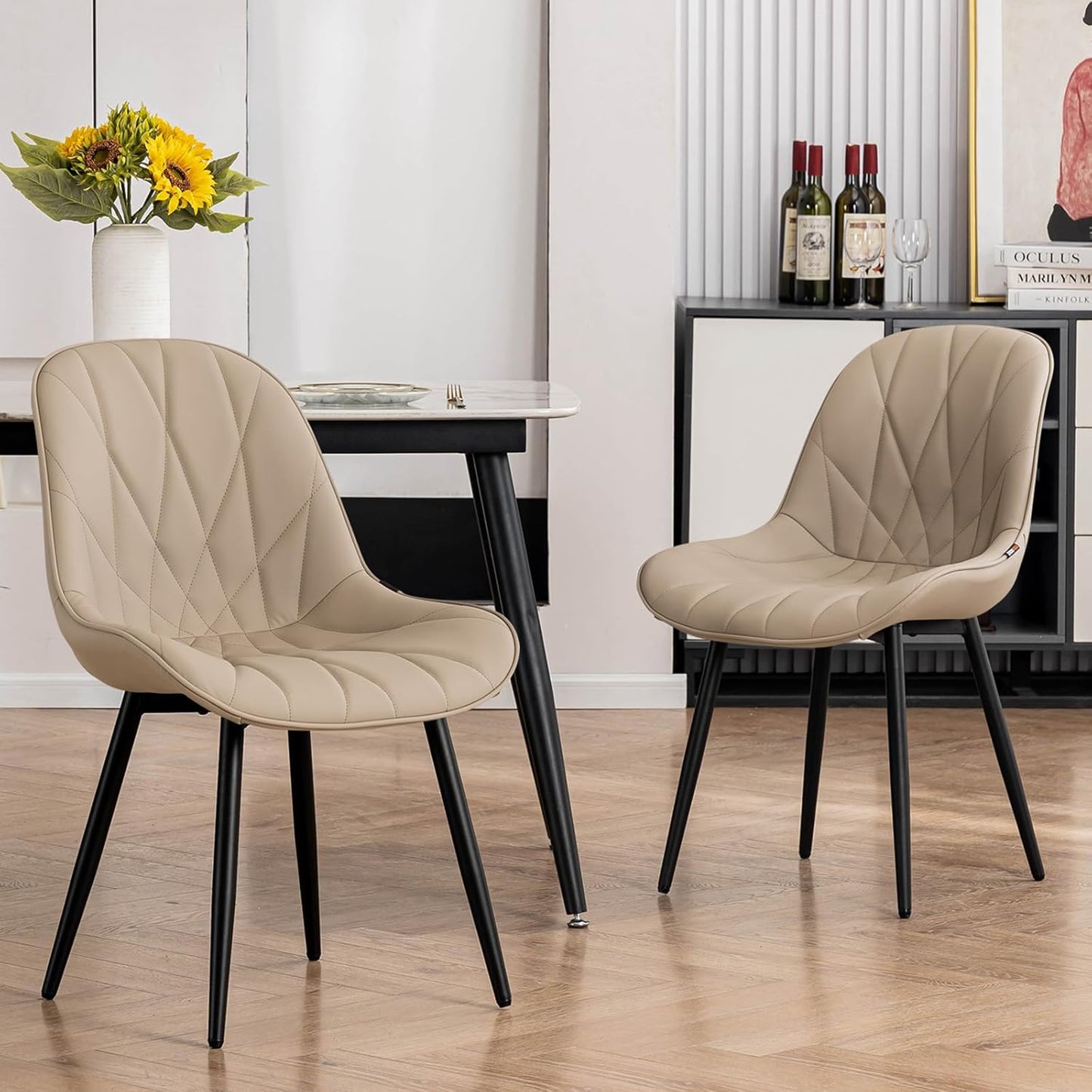 Rowill Dining Chairs Set of 2 - Modern Kitchen Chairs with Soft Backrest, Sturdy Metal Legs & Non-Slip Pads, Suitable for Home Kitchen, Faux Leather Upholstered Seats for Dining Room, Khaki