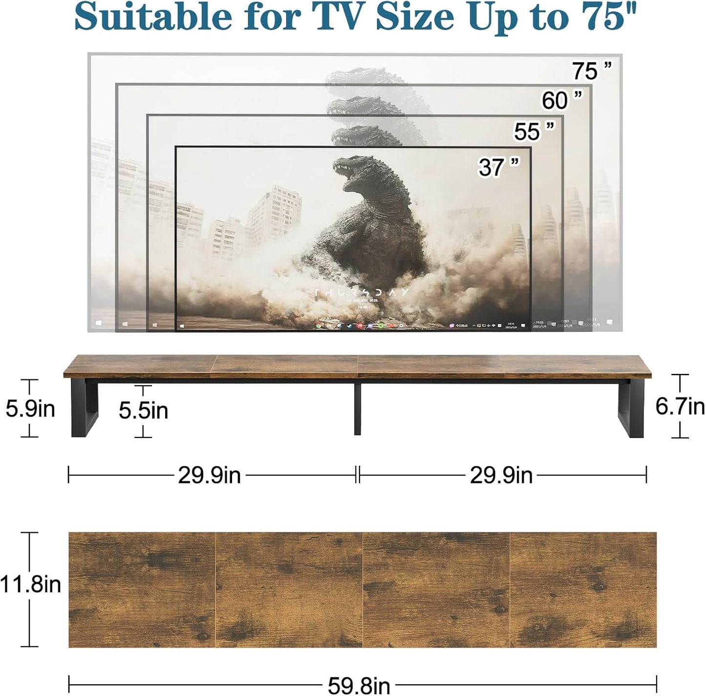 59" Large TV Riser Stand for 32-75 Inch TV, TV Shelf with Steel Legs, Tabletop TV Riser for Home Living Room, Study Office (Brown)