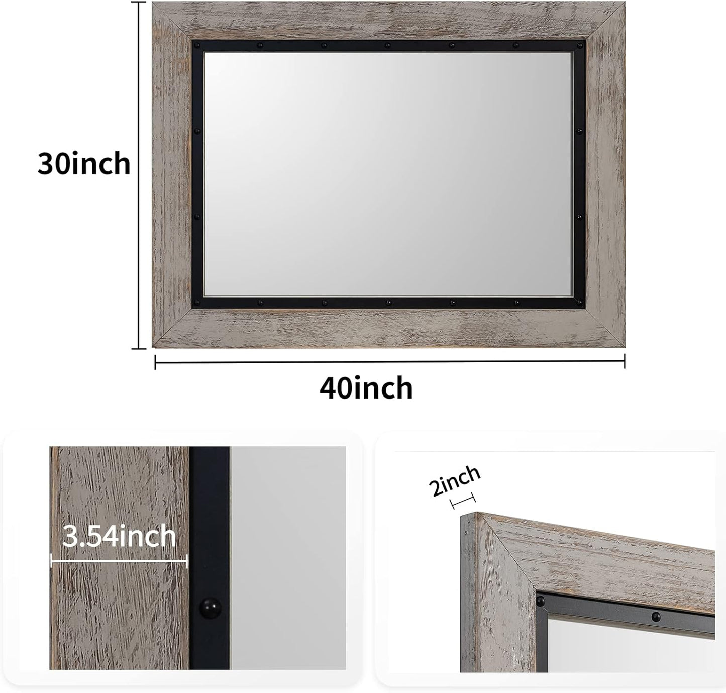 YOSHOOT Rustic Wooden Framed Wall Mirror, 40"x30", Natural Wood and Iron Bathroom Vanity Mirror for Farmhouse Decor, Vertical or Horizontal Hanging