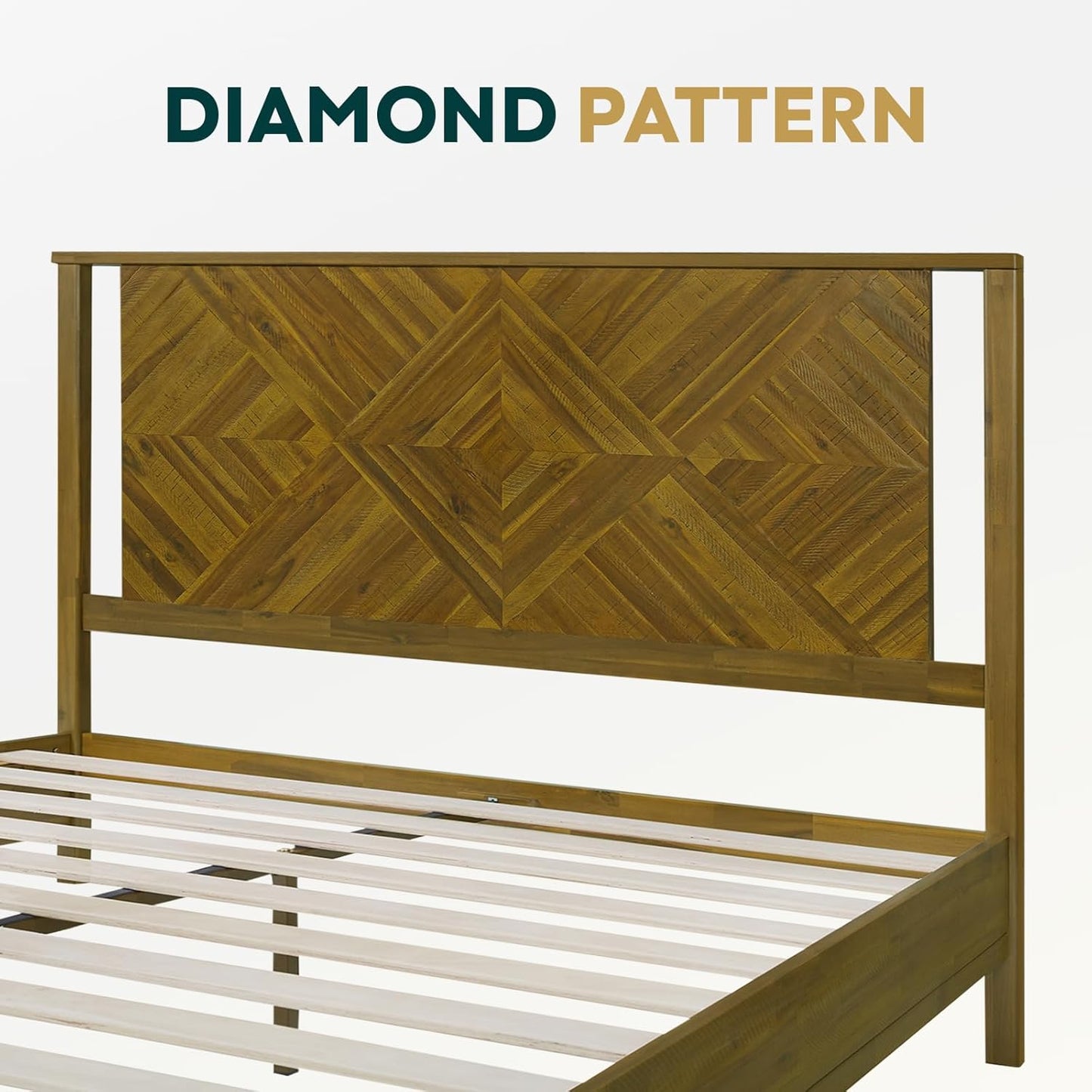 Bme Ethan Solid Wood King Bed Frame with Diamond Headboard - Rustic & Mid-century Modern - Acacia Wood Platform Bed - Compatible with All Mattresses - No Box Spring Needed - Rustic Dark Brown