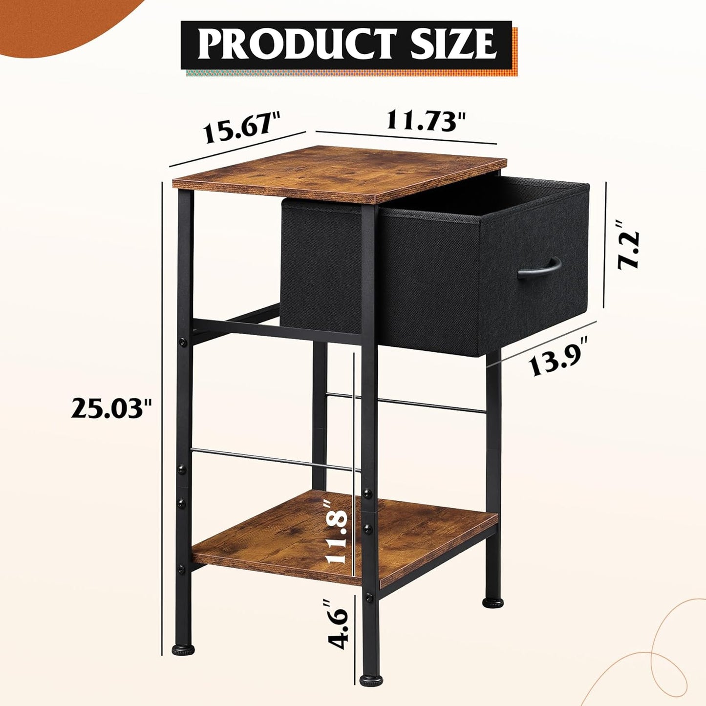 WLIVE Nightstand Set of 2, End Table with Fabric Storage Drawer and Open Wood Shelf, Bedside Furniture with Steel Frame, Side Table for Bedroom, Dorm, Black and Rustic Brown, 25.03" Height