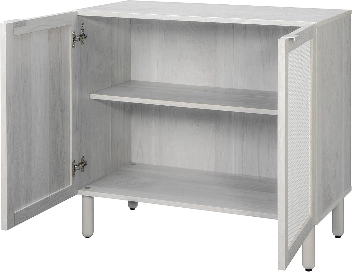 Sango Orre 2-Door Cabinet, Modern Sand Storage Cabinet with Synthetic Rattan Door Panels, Adjustable Shelf, Cylindrical Wood Legs, Discreet Finger Pulls, Elegant Furniture for Living or Dining Room