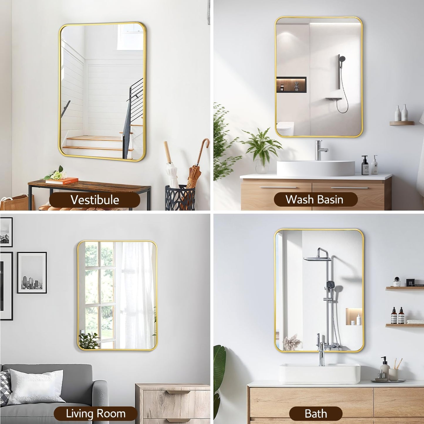 20x28 Rounded Rectangle Bathroom Mirrors for Over Sink, Gold Vanity Mirror with Metal Frame Wall Mounted, Modern Farmhouse Mirror for Restroom, Bedroom, Entryway Decor
