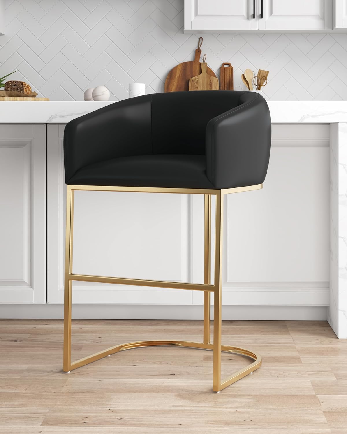 Manhattan Comfort Louvre 26 Inch Mid Century Modern Counter Height Bar Stools - Elegant Faux Leather Padded Seat, Stainless Steel Base with Footrest, Fully Assembled Barstools, Set of 1, Black & Gold