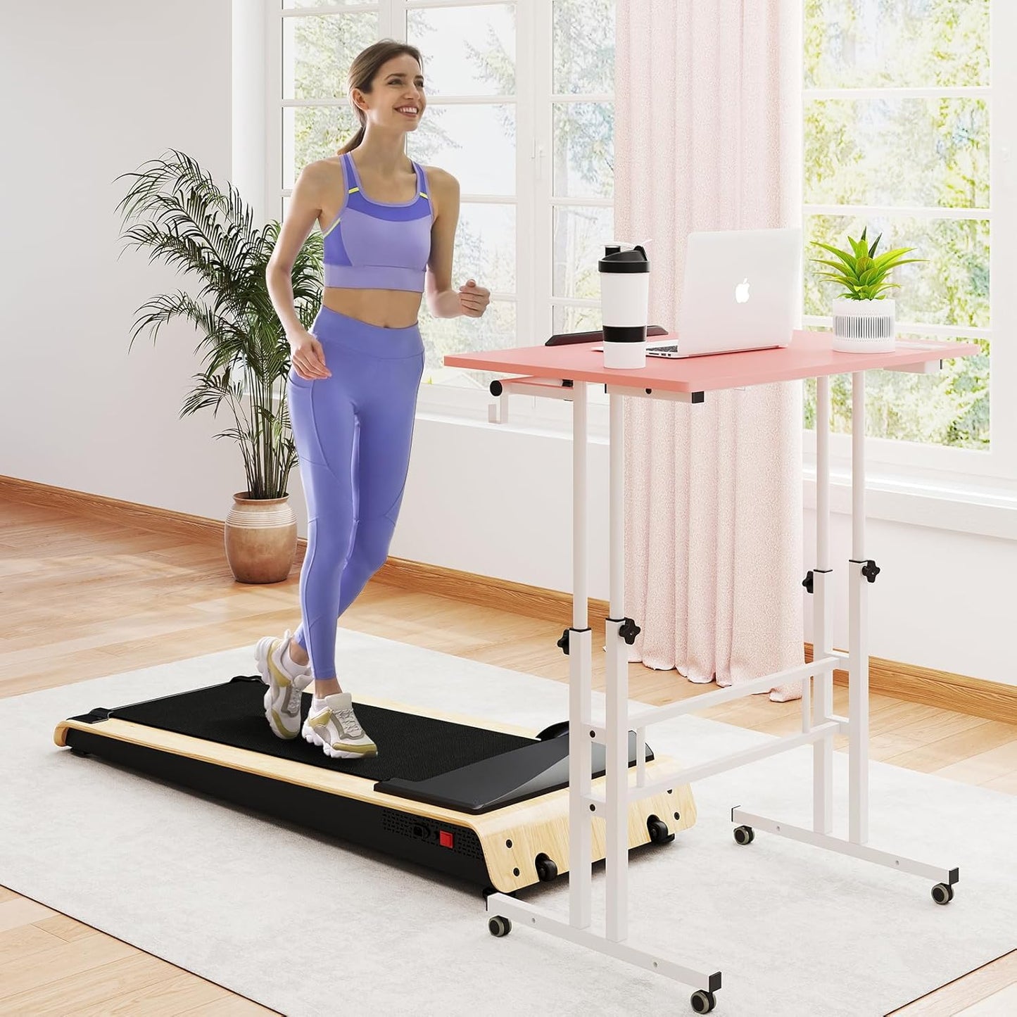 SIDUCAL Mobile Stand Up Desk with USB Ports and Outlets, Adjustable Laptop Desk on Wheels, Home Office Workstation, Rolling Laptop Cart for Standing or Sitting, 31.5" x 23.6"Pink