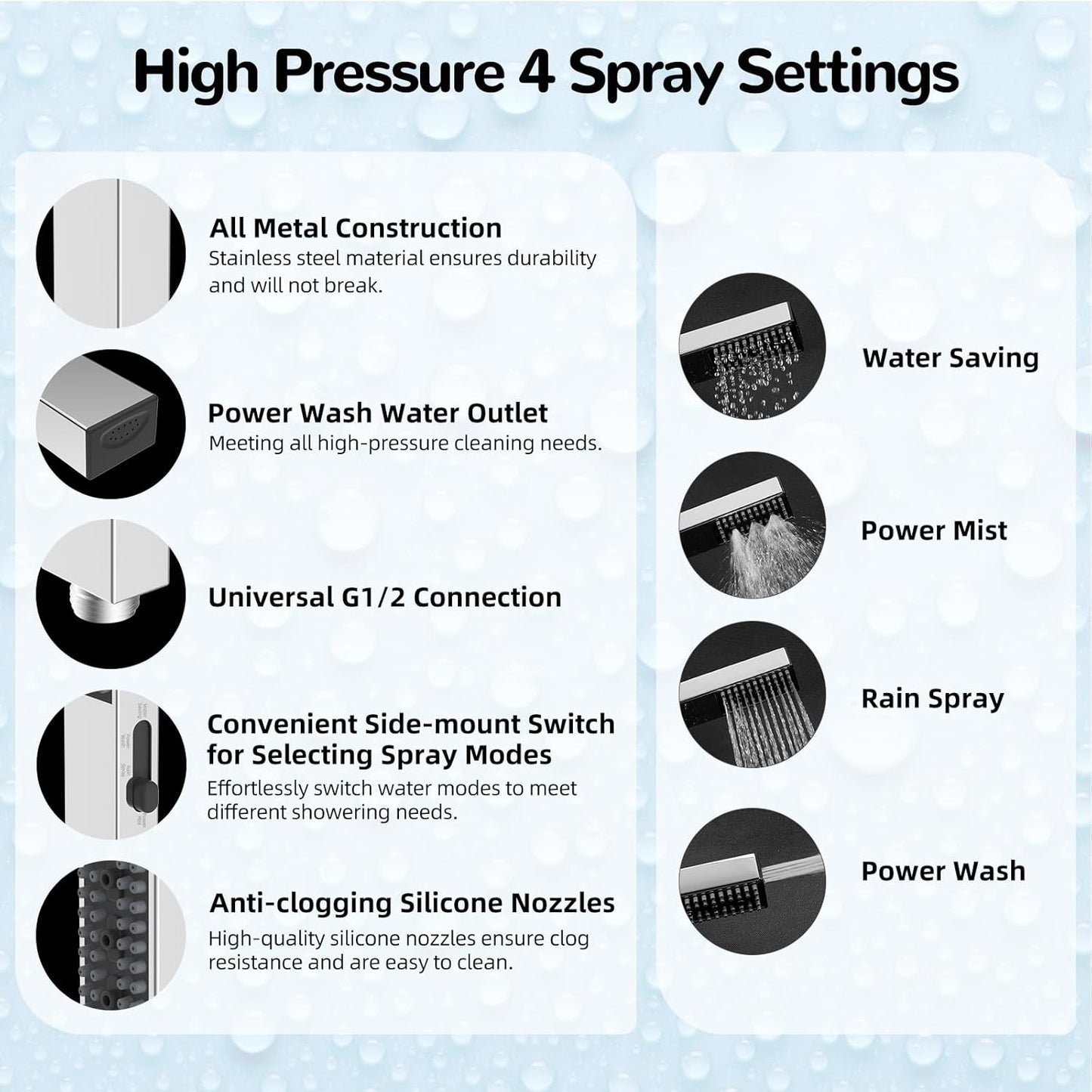 Hibbent All Metal 8'' Rainfall Shower Head, Square Shower Head Combo, High Pressure Handheld Shower Wand, 4 Sprays, 16'' Adjustable Arc-shaped Extension Arm, 71'' Hose, Showerhead Holder, Chrome