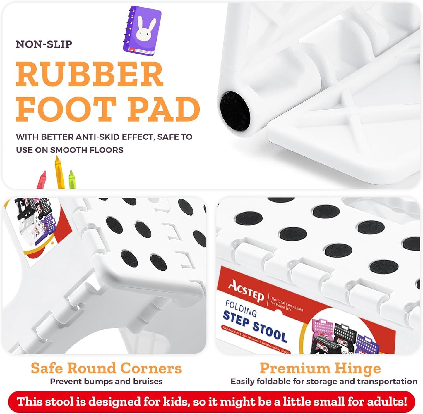 ACSTEP Folding Step Stool, 7.5 Inch Height, 300 lb Capacity, Collapsible, White, Suitable for Kitchen