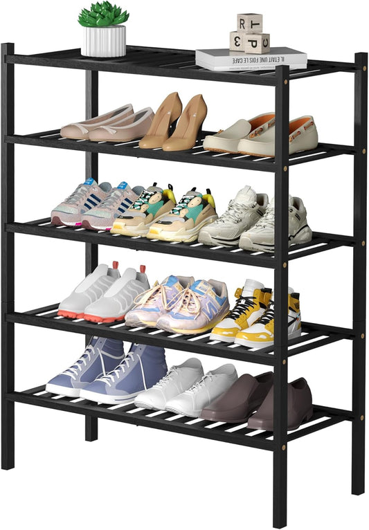 5 Tier Bamboo Shoe Rack for Closet Free Standing Wood Shoe Shelf for Entryway Small Space Stackable 27"x11"x33" (Black)