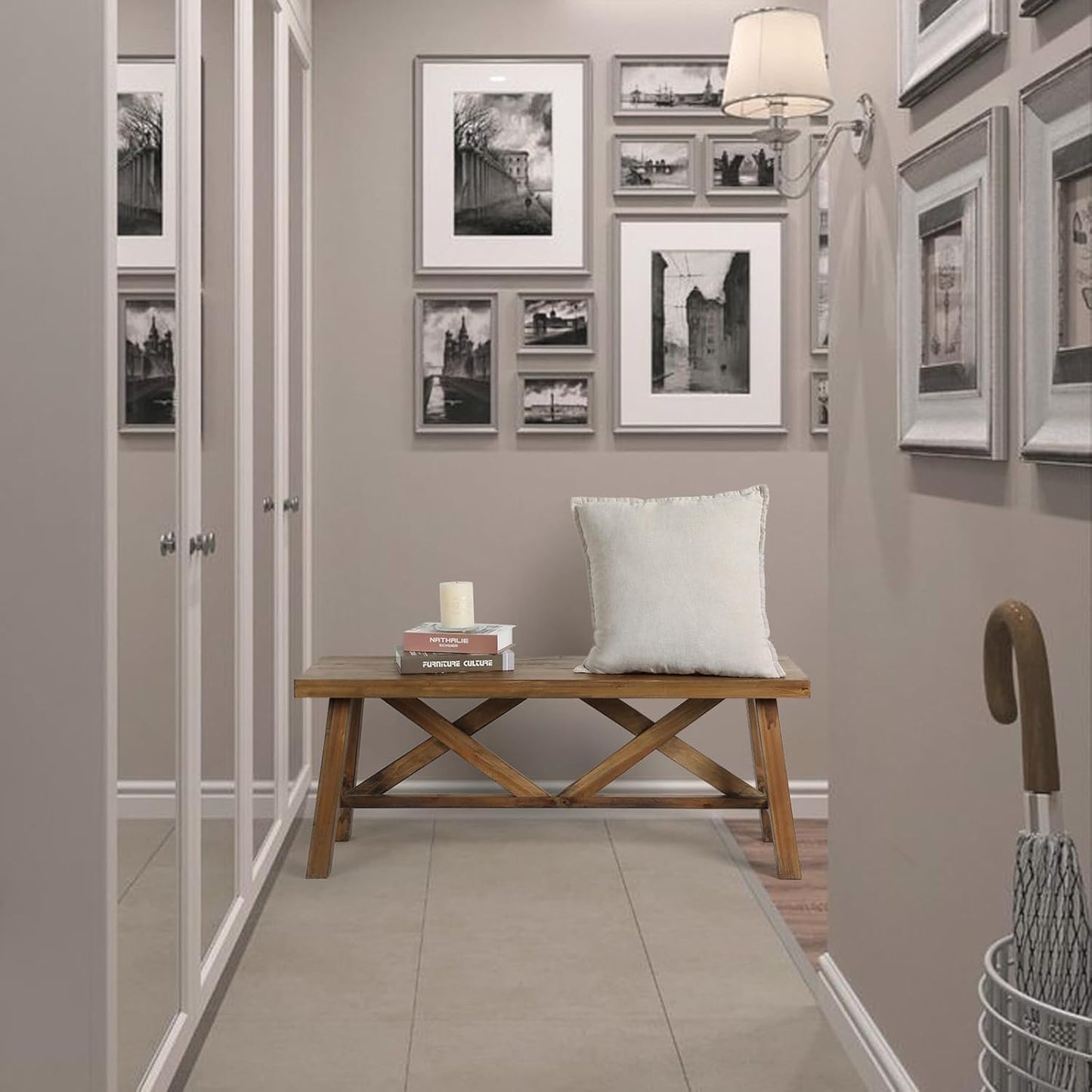 Wnutrees 43" Farmhouse Wood Bench, Rustic Solid Wood Entryway Bench Seat with Double X-Structure for Dining Room, Living Room, Hallway, Structural Stability, Natural