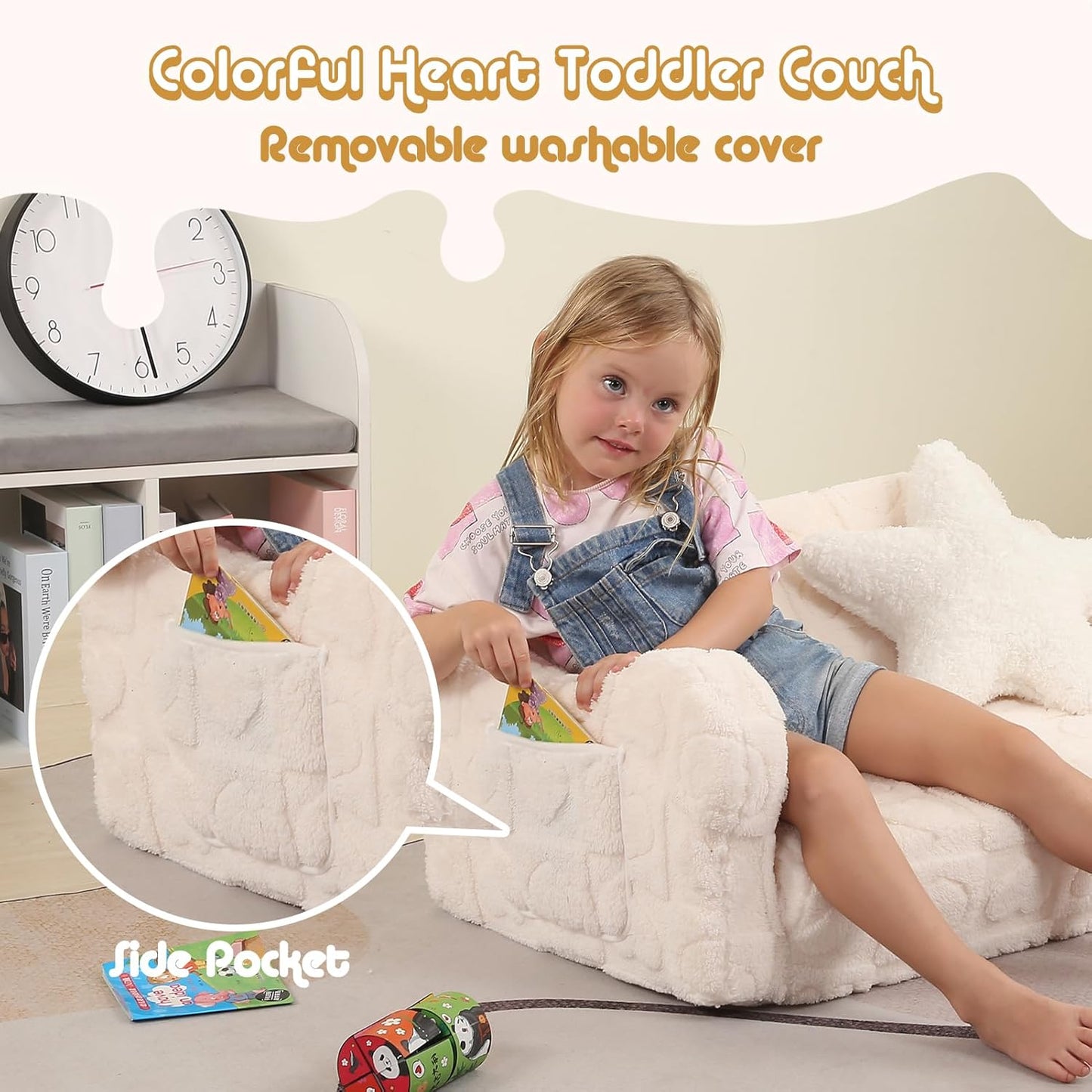 Extra Wider Seating Toddler Couch, 2-in-1 Toddler Soft Couch Fold Out with Star Pillow, Convertible Sofa to Lounger for Girls and Boys, Cream Heart