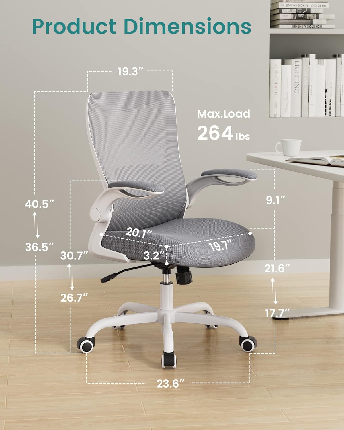 Office Chair, Ergonomic Desk Chair with Adjustable Lumbar Support and Flip up Armrest, Breathable Mesh Computer Chair for Home Office, Gray
