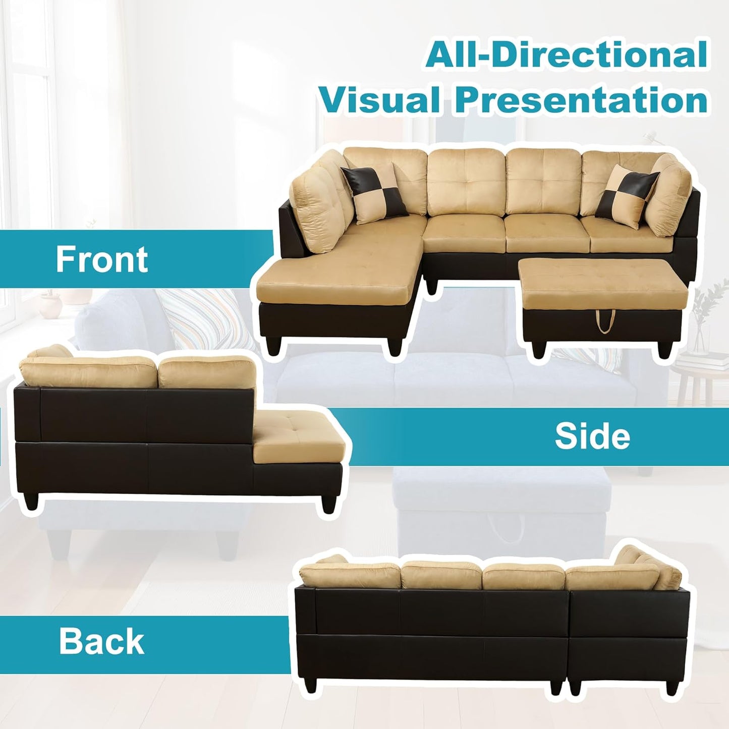 L Shaped Couch Modern Sectional Couch Upholstered Lint Fabric 3 Pieces Sofas for Living Room with Chaise, Storage Ottoman for Office and Small Apartment, Beige and Brown