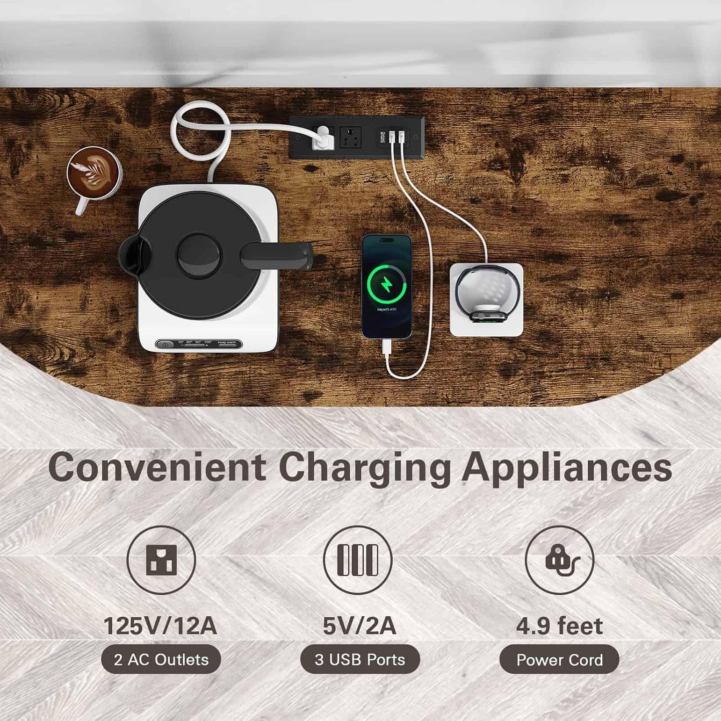 Zarler Bar Cart with Power Outlet Easy to Assemble, LED Home Bar Cabinet for Liquor, 47.3" L x 15.8" D x 36" H Metal Mini Bar Table with 4-Tier Storage, Brown