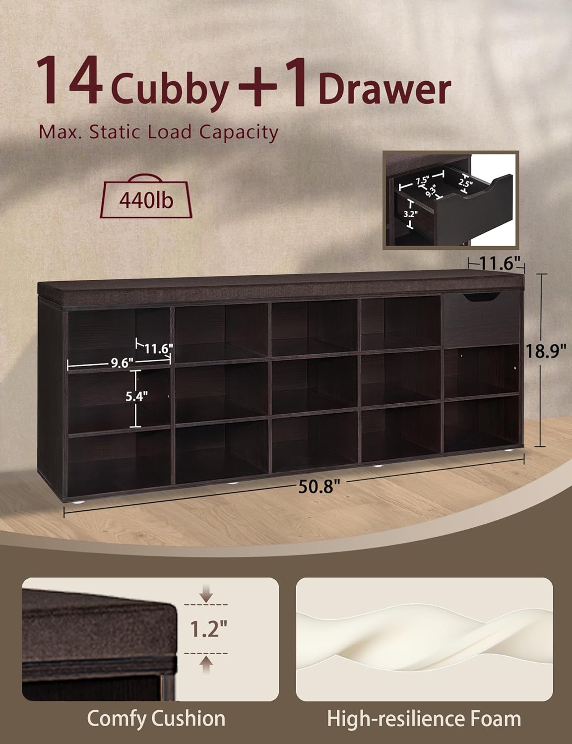 DINZI LVJ Shoe Bench, Entryway Storage Bench with Drawer and 14 Cubbies, Long Cubby Shoe Rack with Adjustable Shelves, Organizer for Living Room, Bedroom, Mudroom, Garage, Espresso